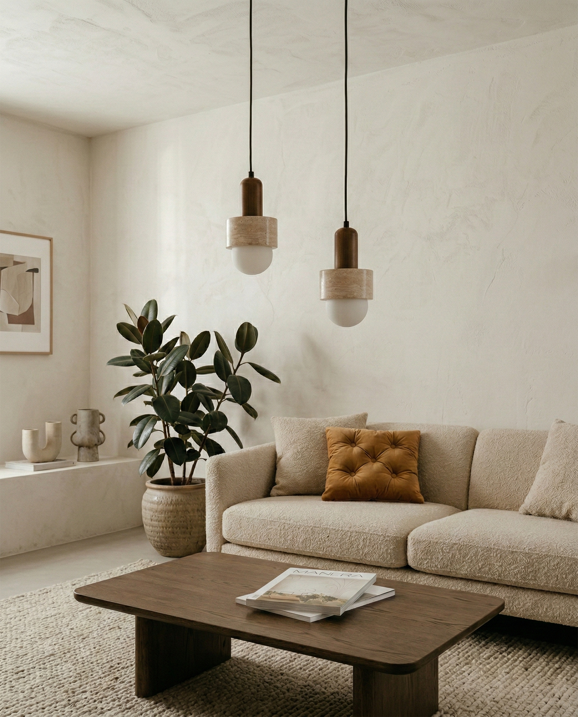 Suspension lampe de chevet Lykta travertin wabi sabi par korven studio