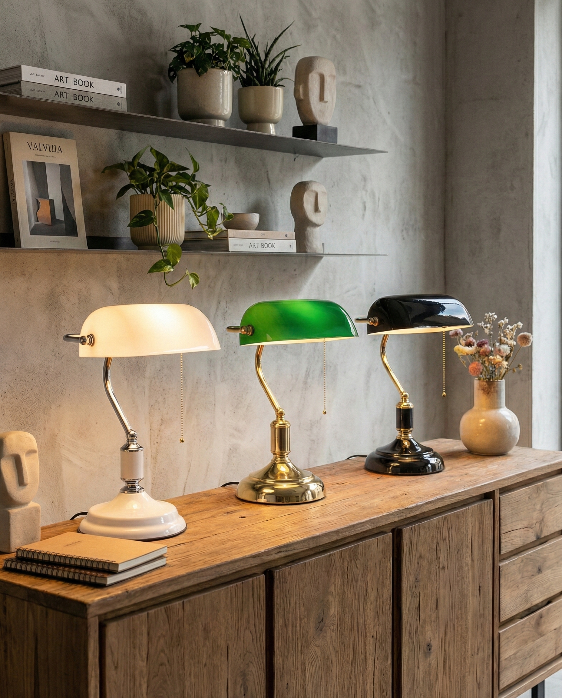 Collection 3 lampes de banquier vintage laiton avec abat-jour blanc vert et noir sur meuble bois.