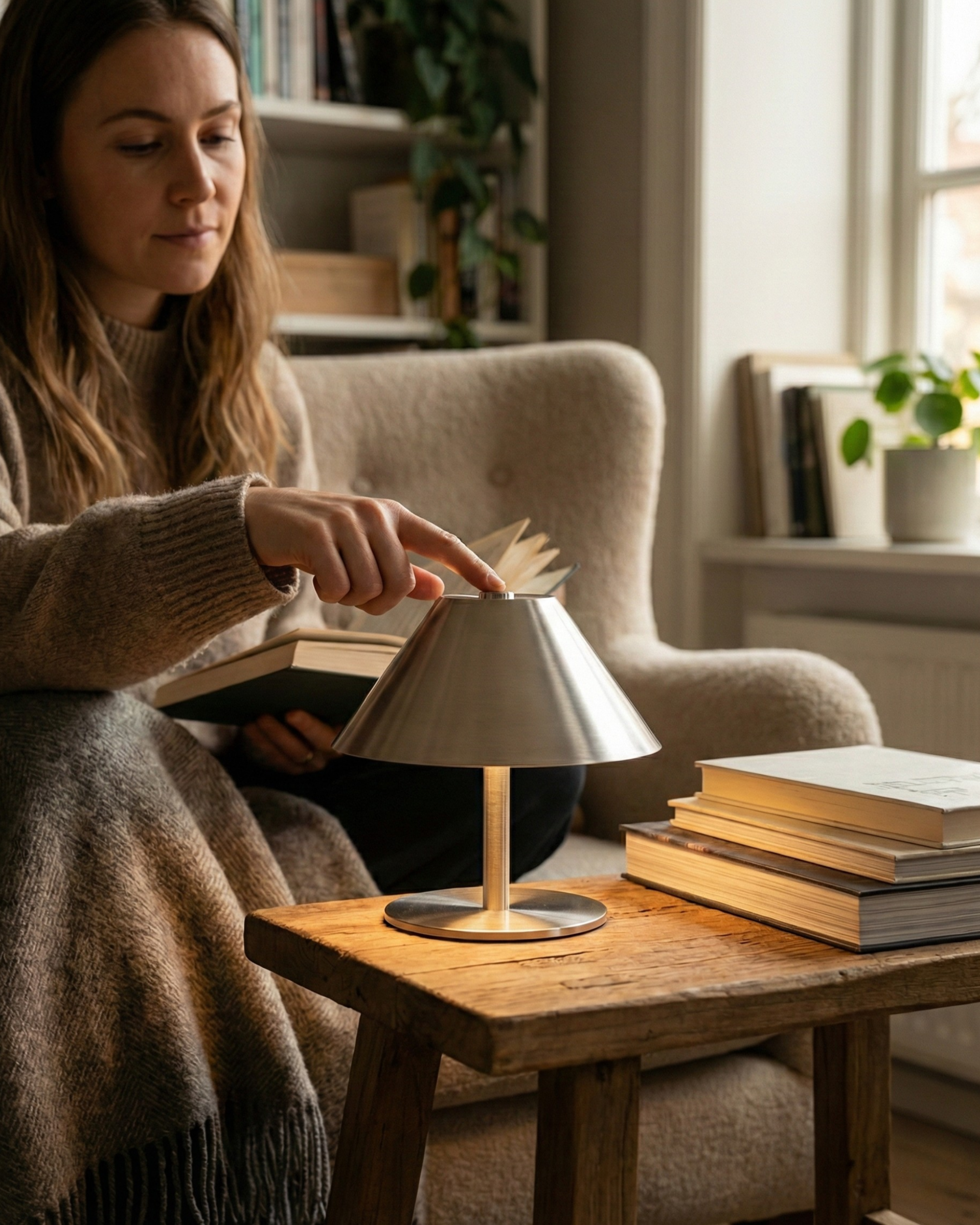 Lampe Sans Fil coin lecture tactile couleur argent | VARMA Korven studio