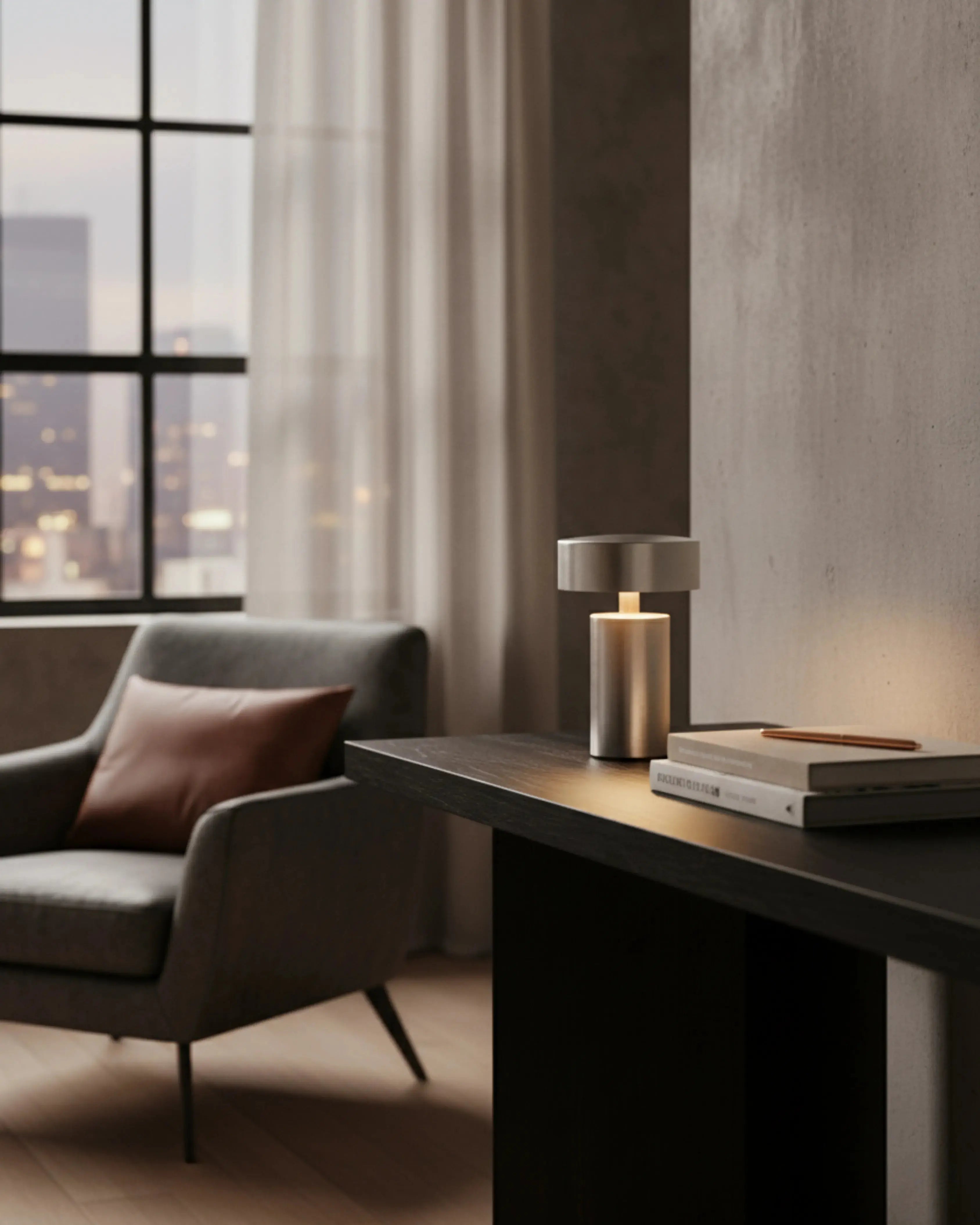 Lampe de table a poser sans fil argent, tactile et rechargeable – modèle somi par Korven Studio.