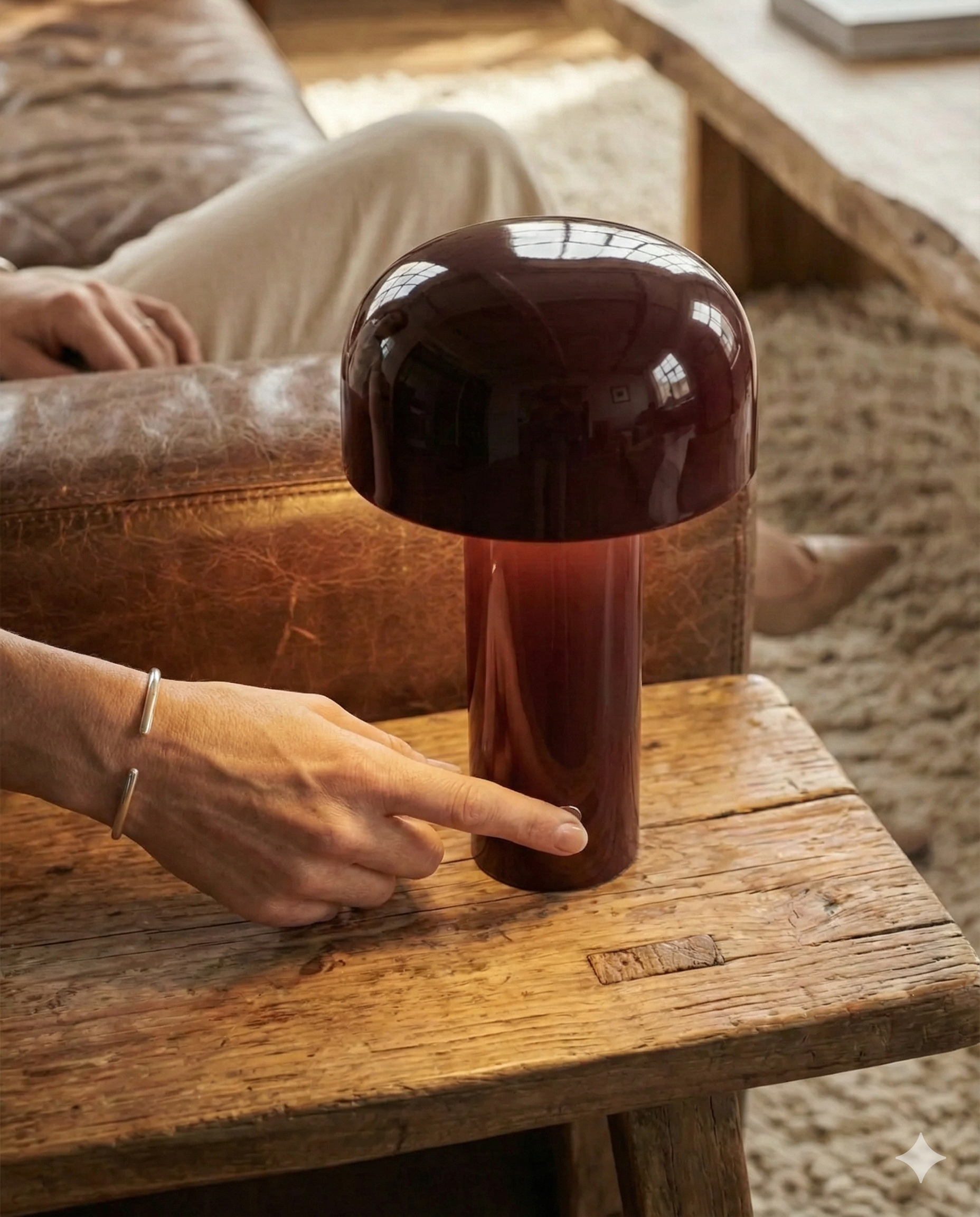 Lampe de table sans fil Lako rouge bordeaux tactile LED rechargeable design champignon par korven studio