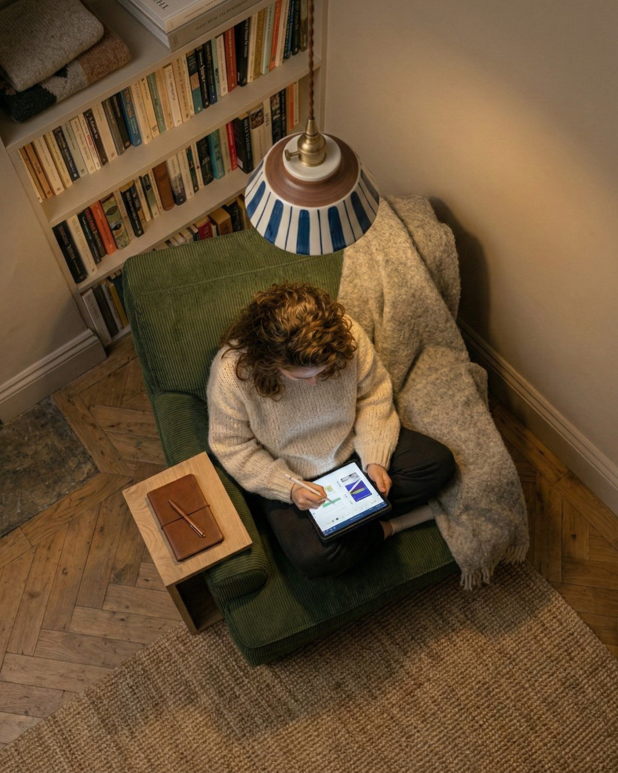 Suspension céramique Savi rayée laiton wabi sabi par korven studio