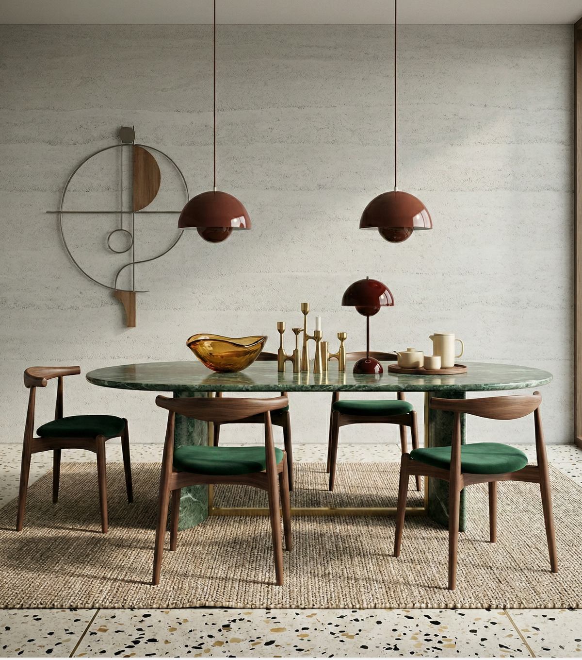 Lampe de table sans fil design Oden terracotta centre de table marbre vert salle à manger décoration mid century modern terrazzo.