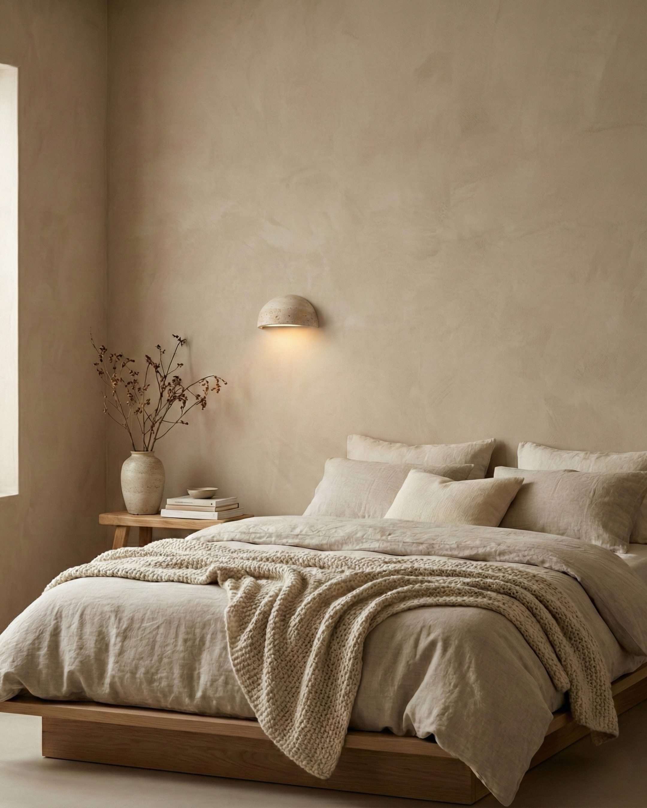 applique murale style wabi sabi en travertin par korven studio modele nara chambre