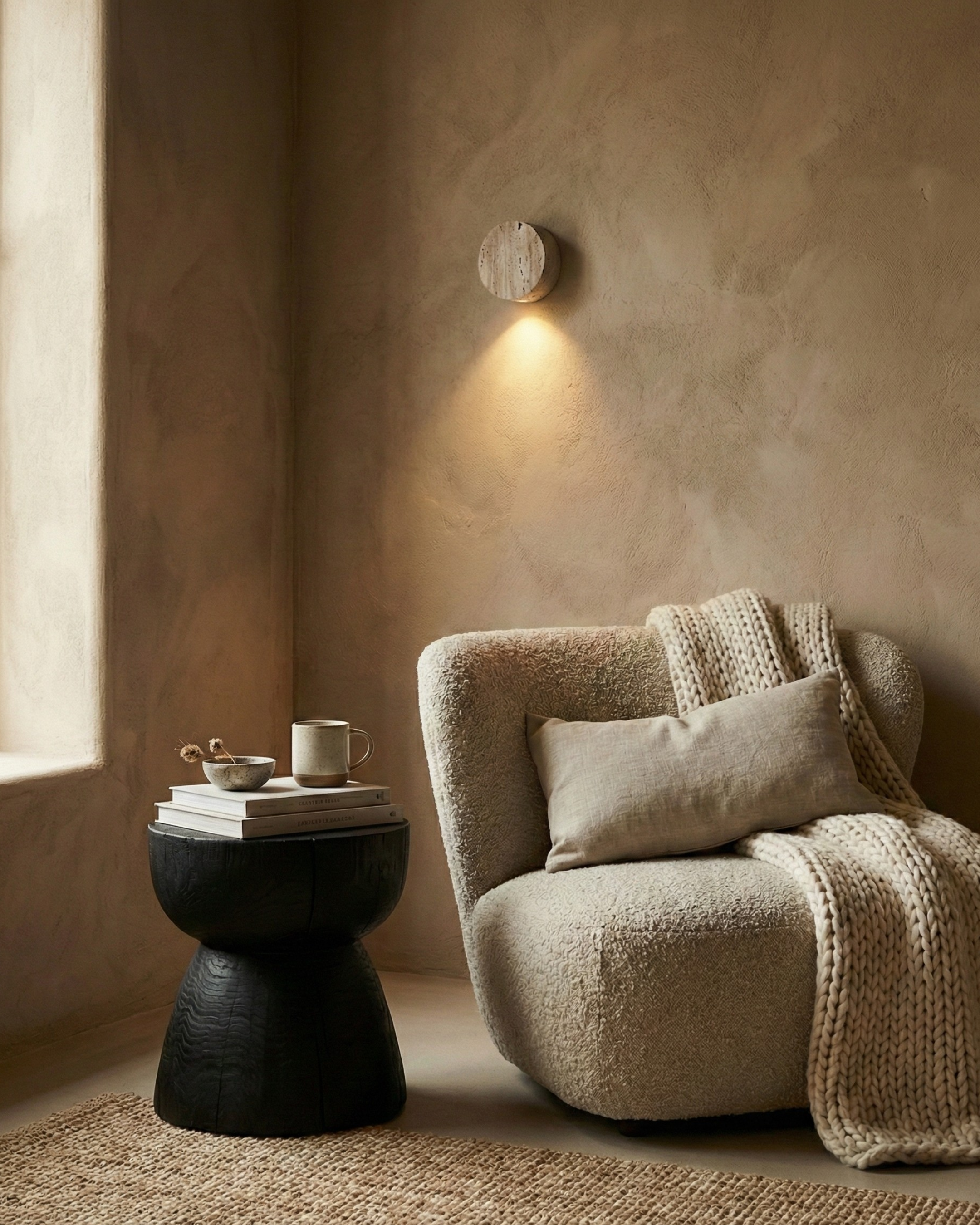 applique murale style wabi sabi en travertin par korven studio modele halo