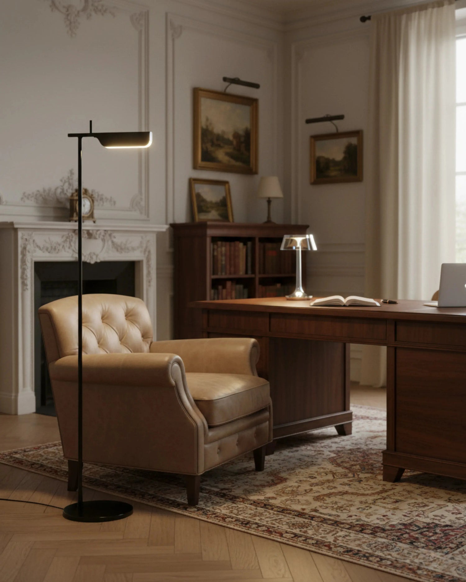 Lampadaire noir,  bureau modèle milo par Korven Studio.