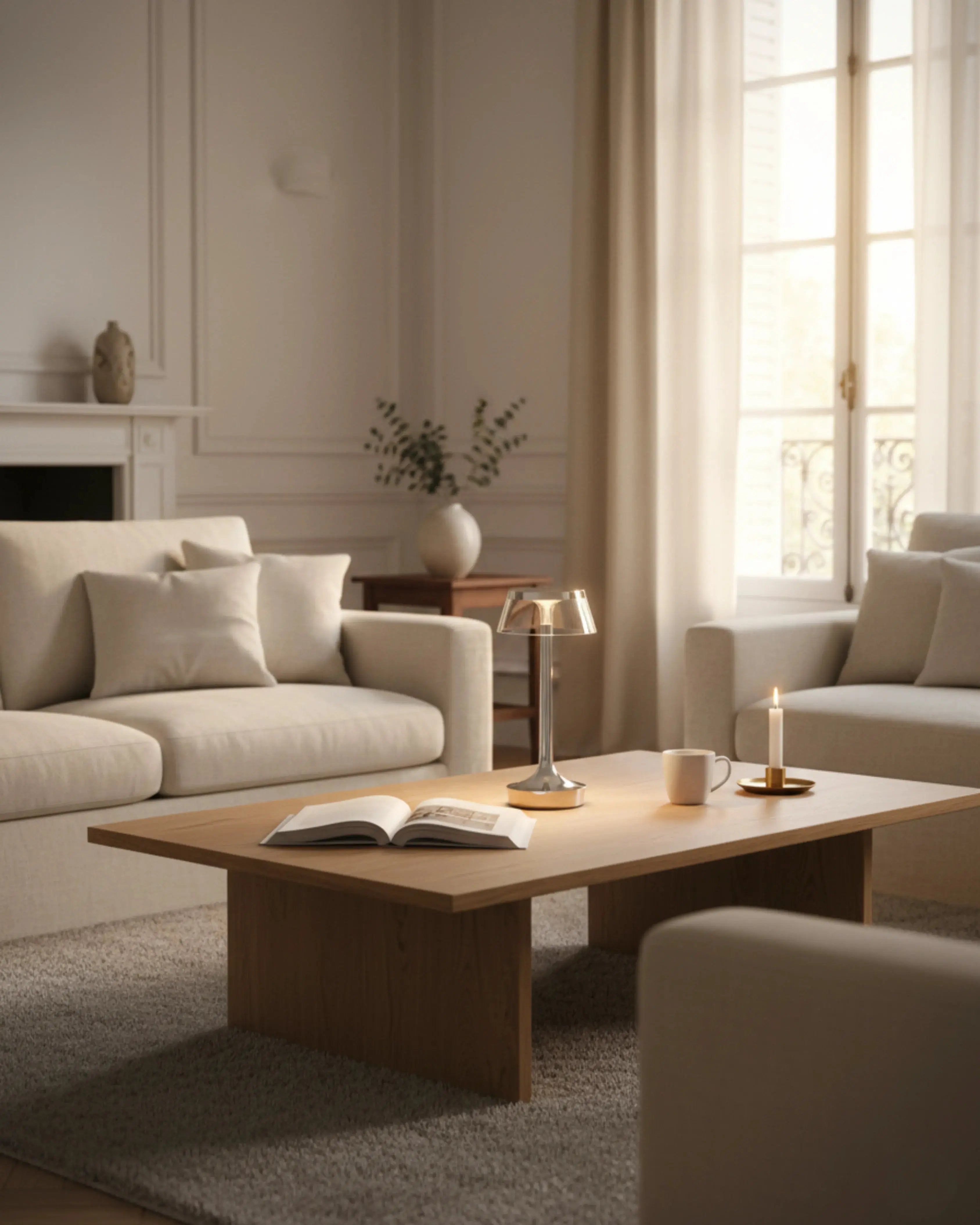 Lampe de table a poser sans fil argent, tactile et rechargeable – modèle orin par Korven Studio.