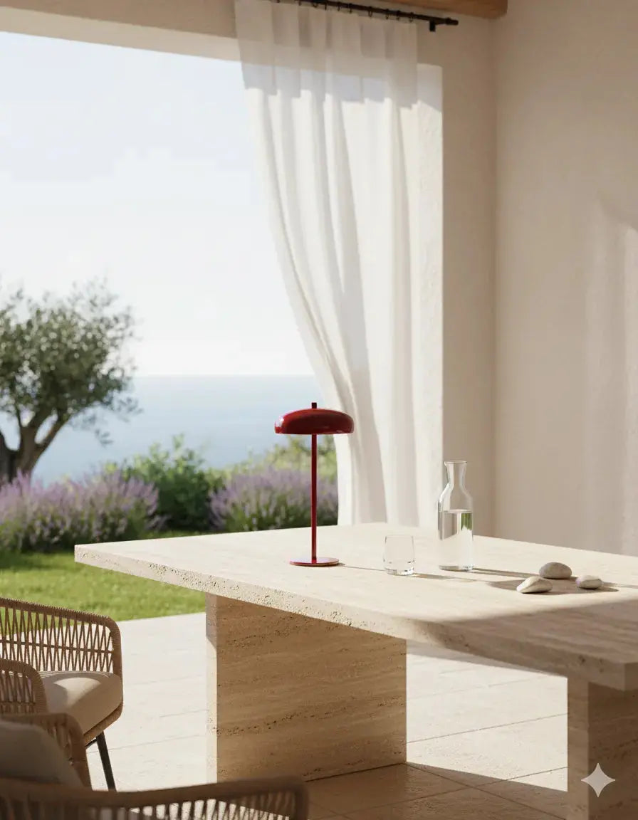 Lampe de table a poser sans fil rouge bordeaux, tactile et rechargeable – modèle nari par Korven Studio.