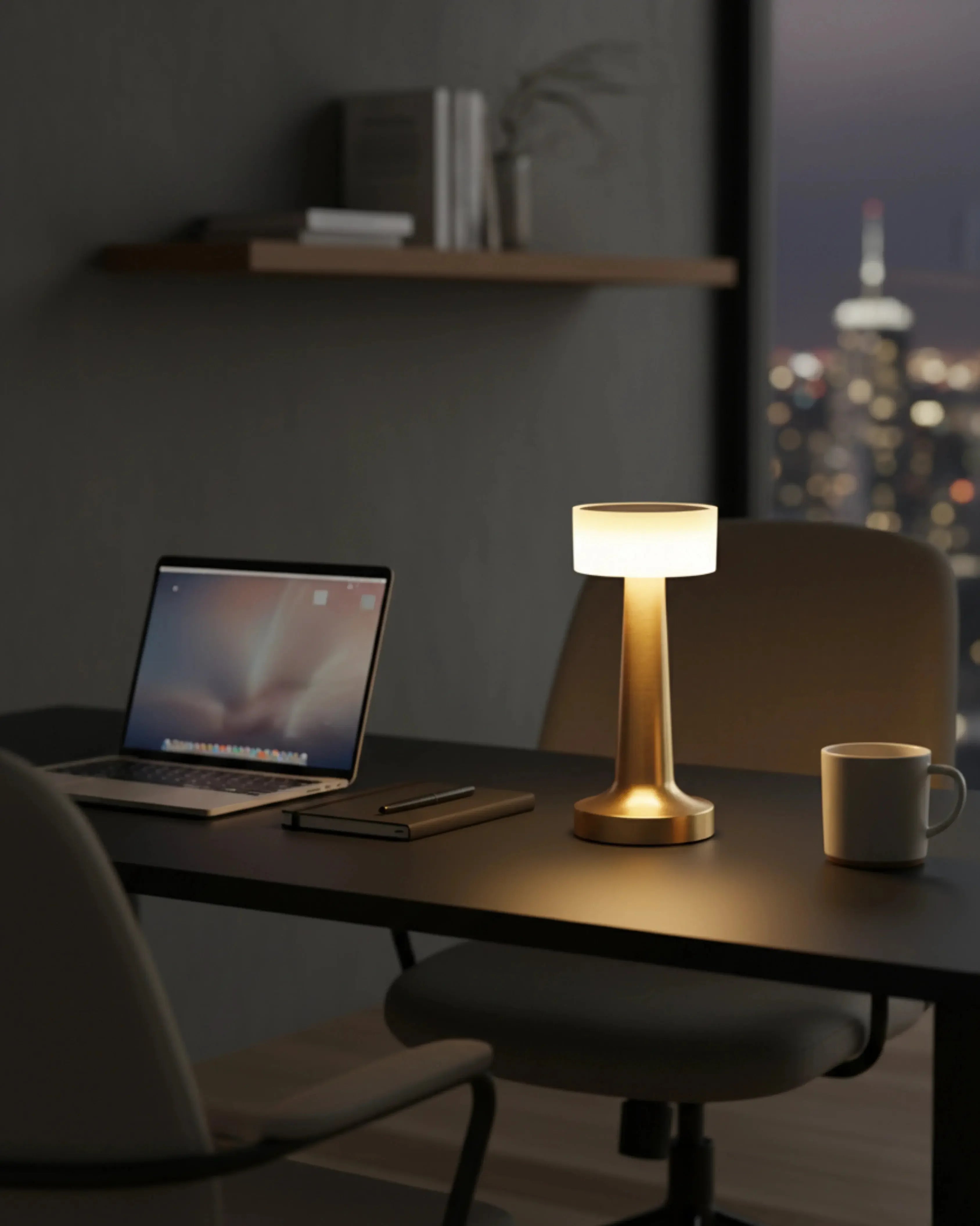 Lampe de bureau sans fil noire, LED tactile – modèle Nilo par Korven Studio.