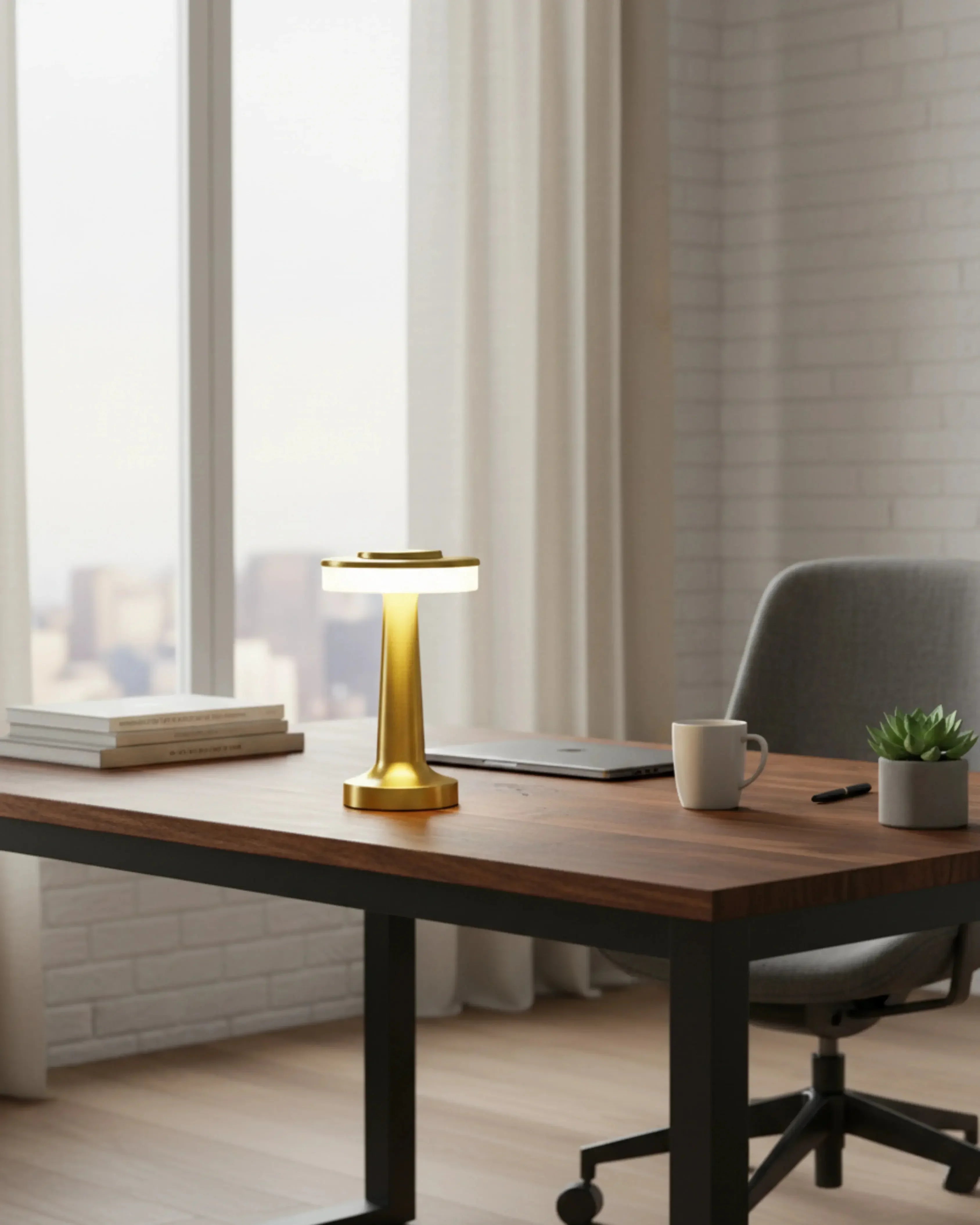 Lampe de bureau sans fil dorée, LED rechargeable – modèle Karo par Korven Studio.