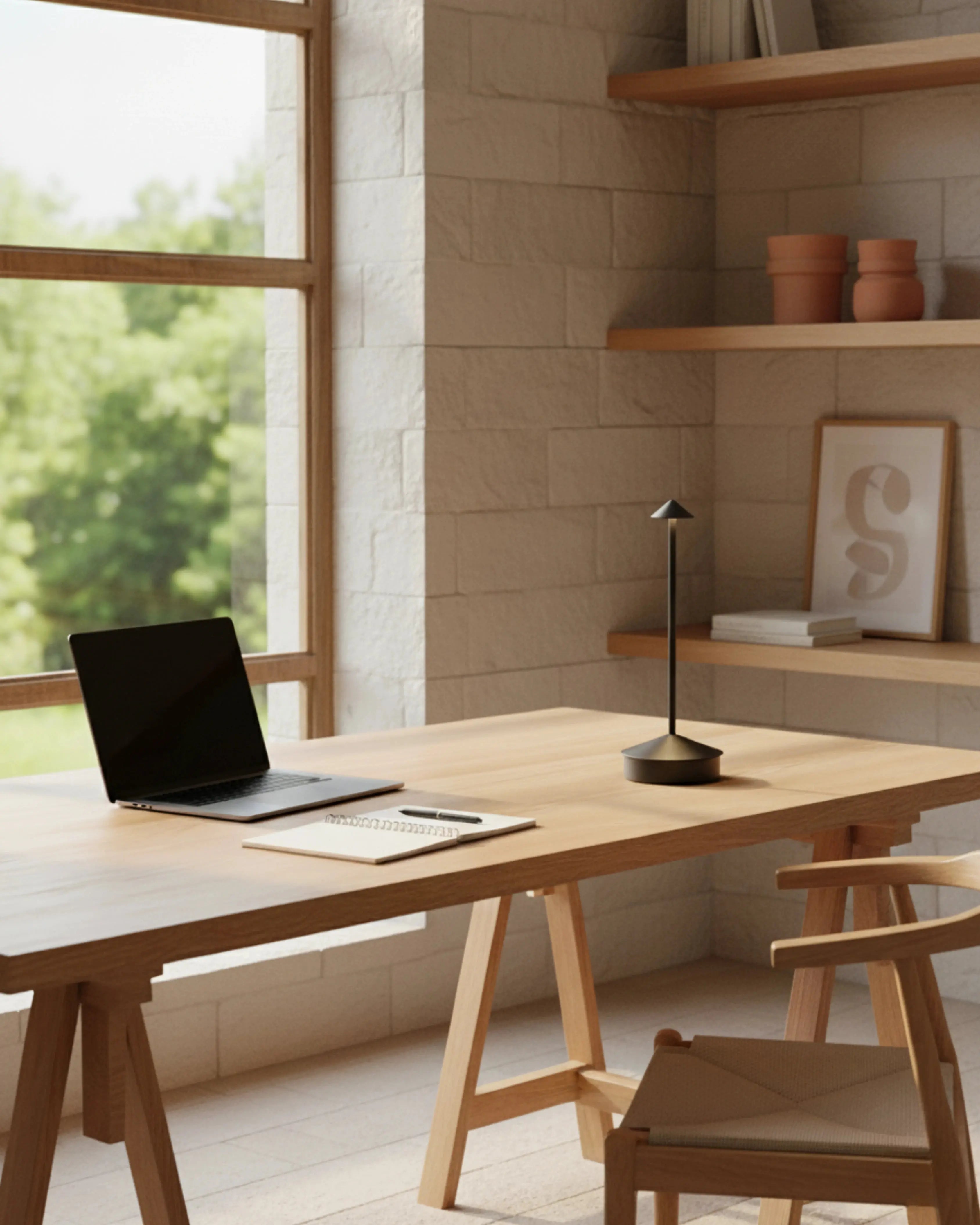 Lampe de bureau sans fil noire, LED rechargeable – modèle Miro par Korven Studio.