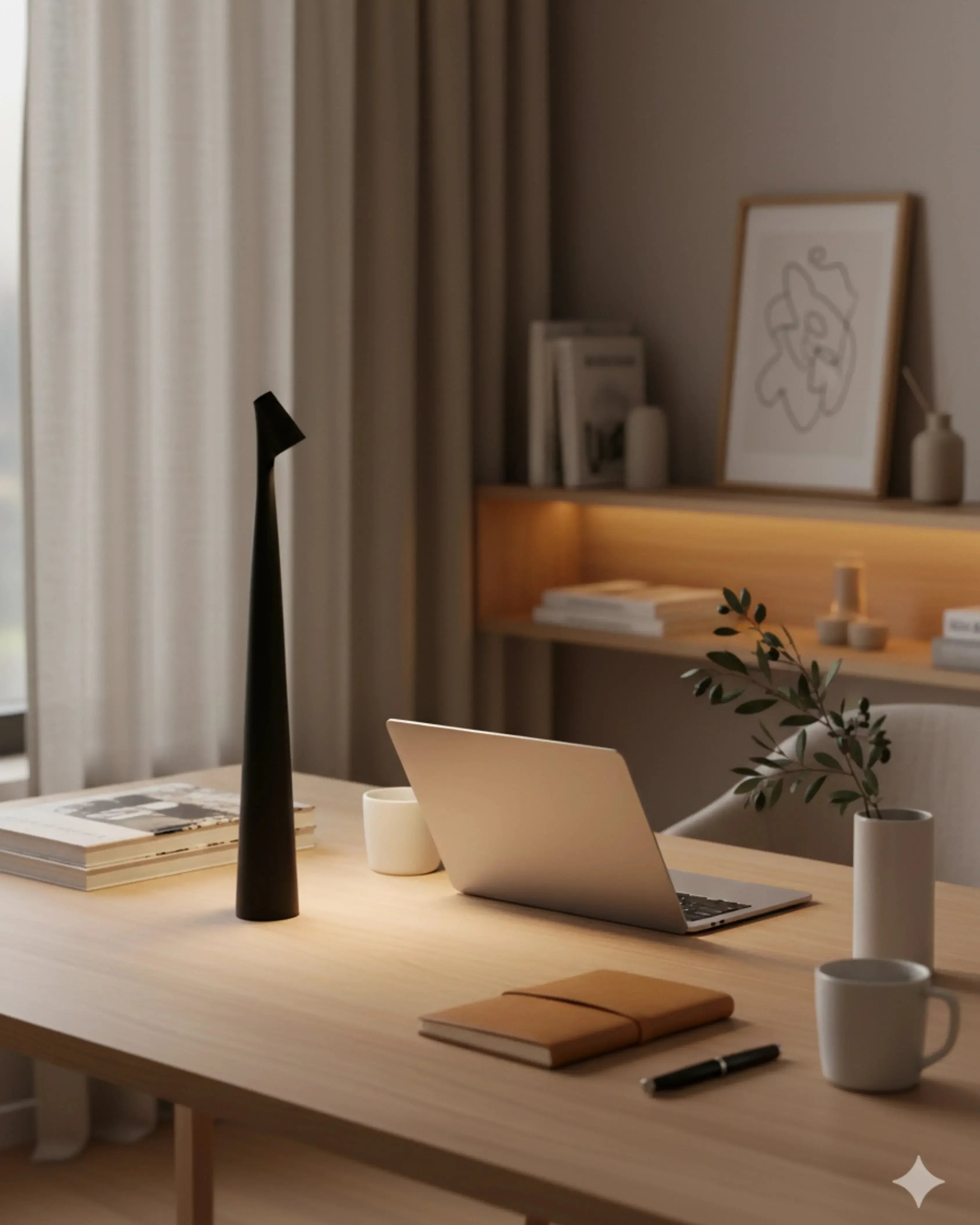 Lampe de bureau sans fil noire, LED rechargeable – modèle Nora par Korven Studio.