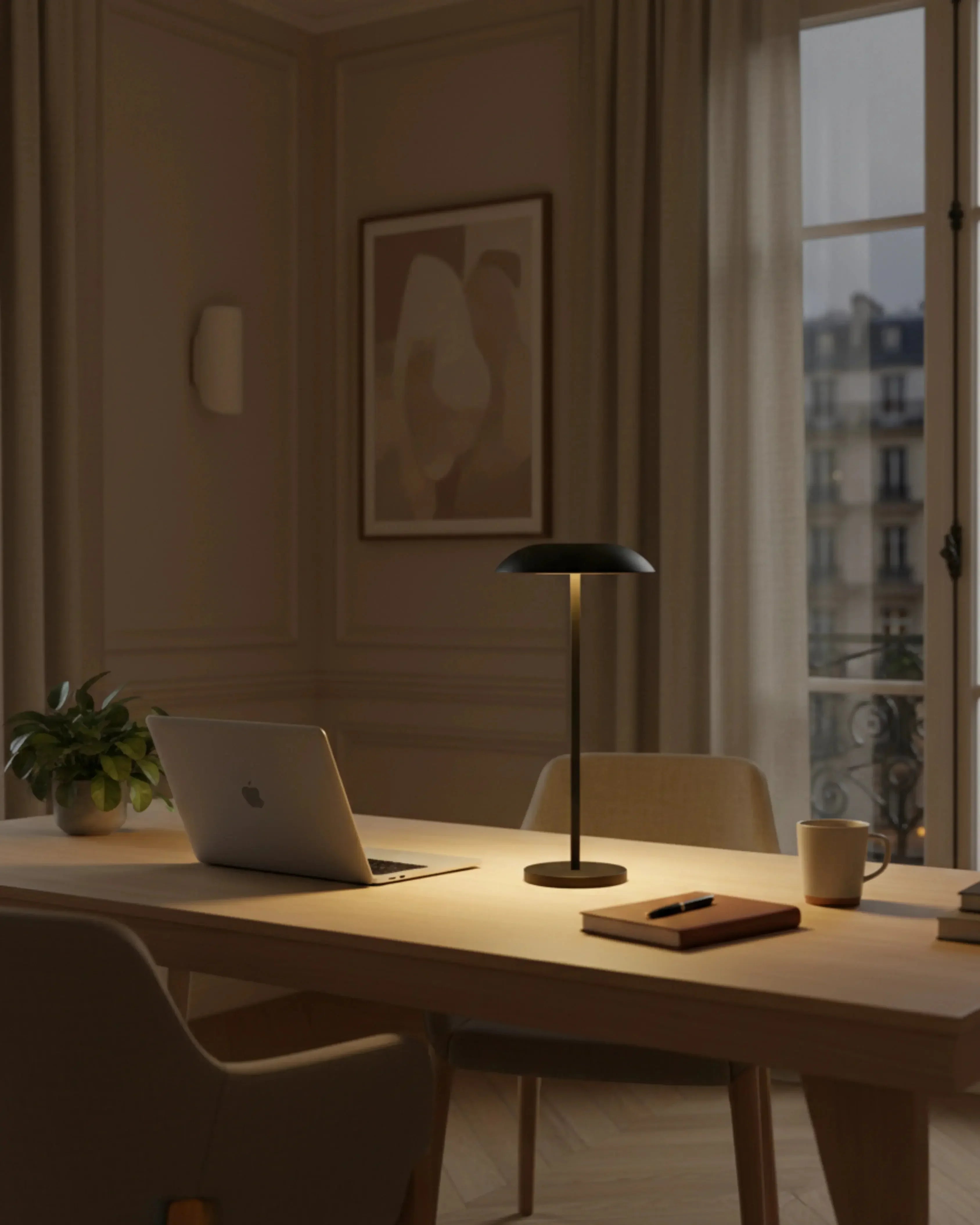 Lampe de bureau sans fil noire, LED rechargeable – modèle Oslo par Korven Studio.