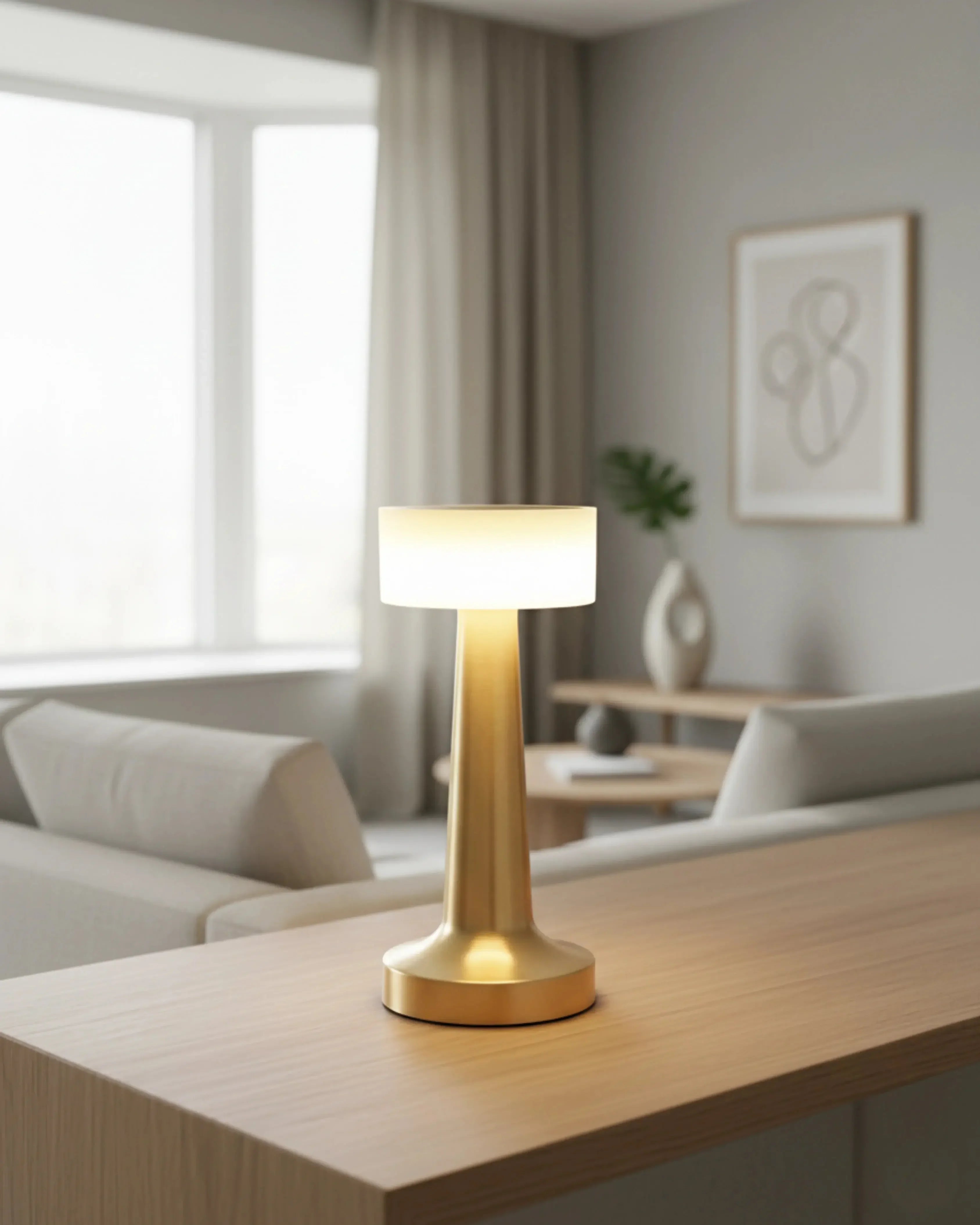 Lampe de chevet sans fil dorée, rechargeable par USB – modèle Nilo par Korven Studio.