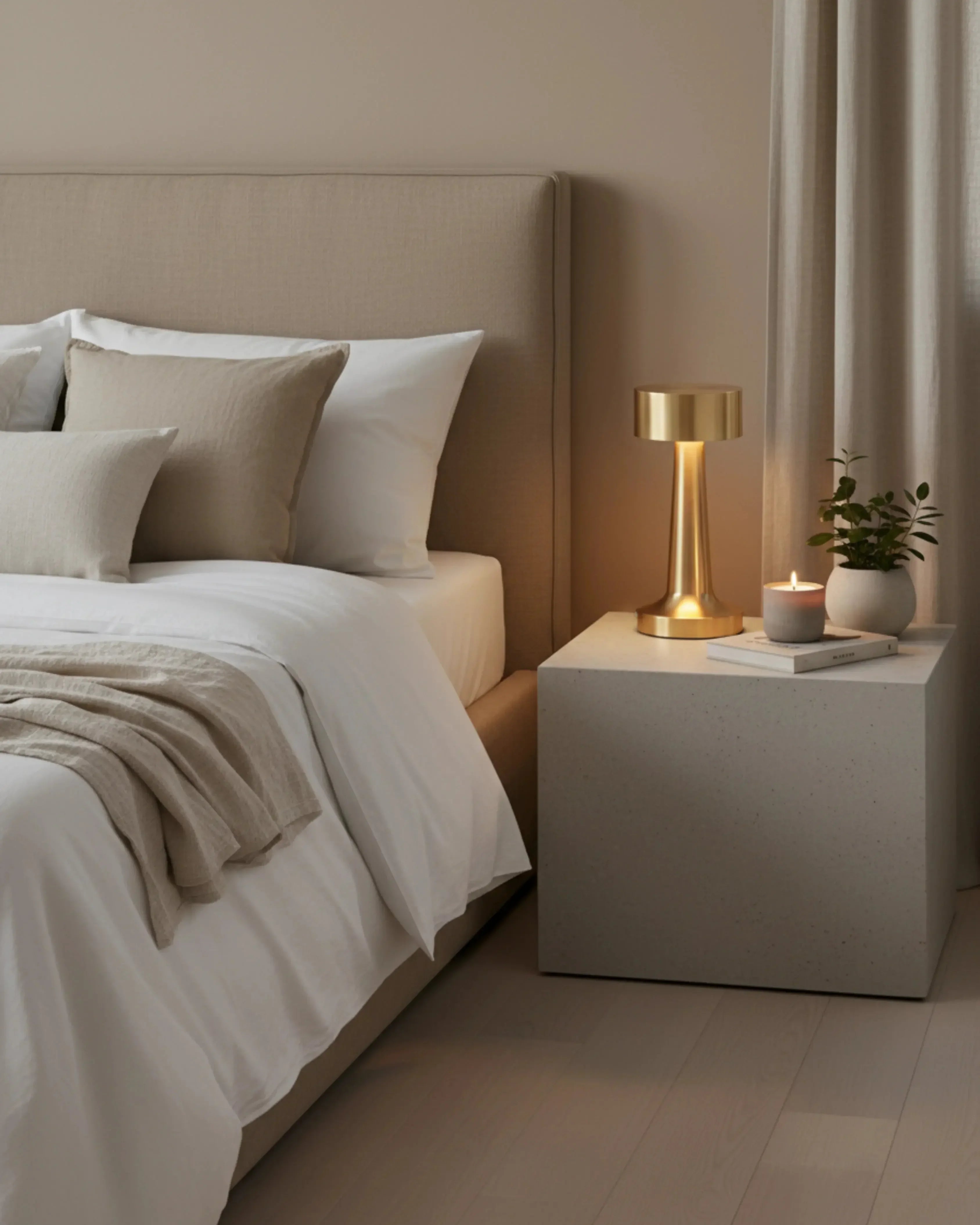 Lampe de chevet sans fil dorée, rechargeable par USB – modèle Elda par Korven Studio.