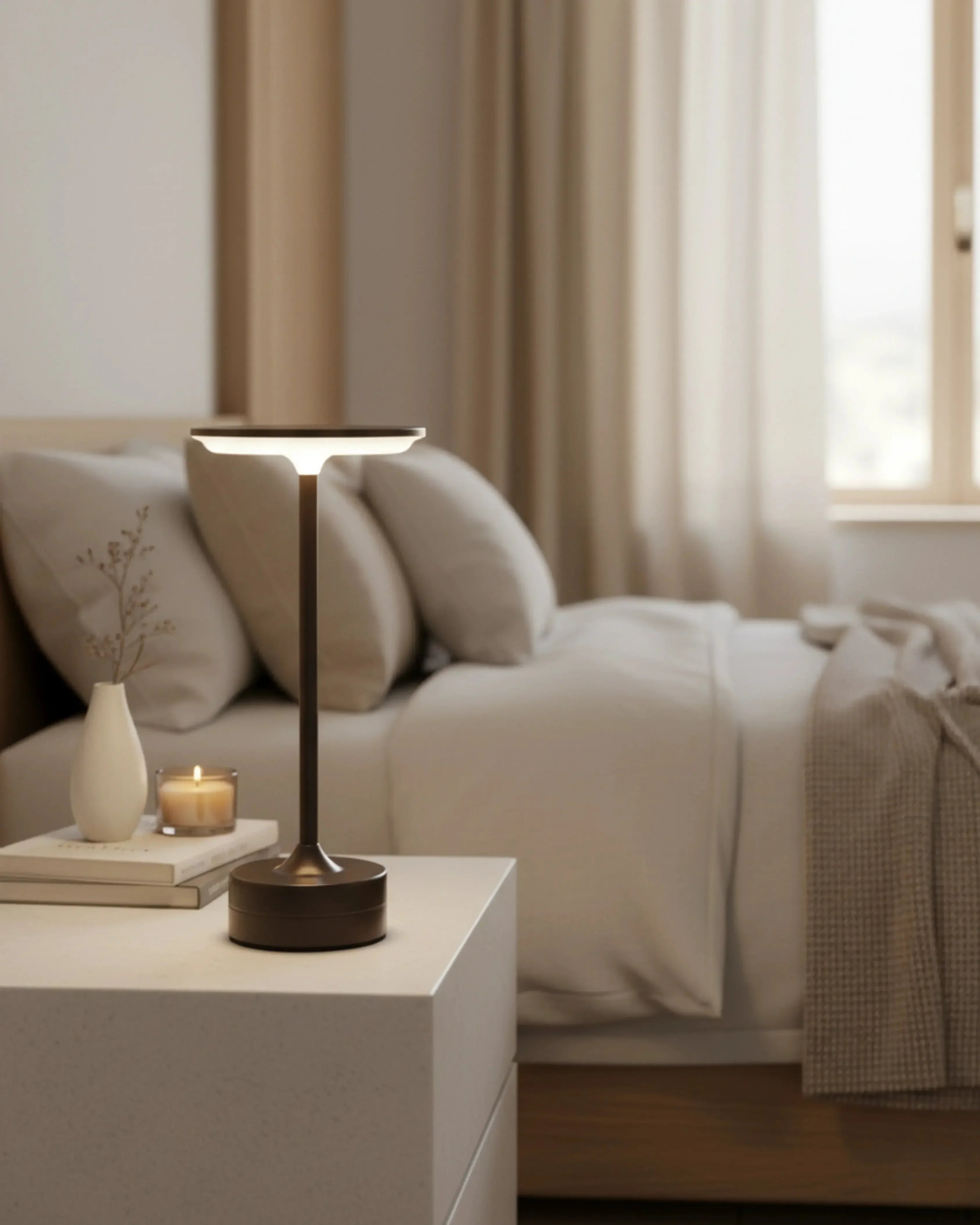 Lampe de chevet sans fil noire, rechargeable par USB – modèle Lora par Korven Studio.