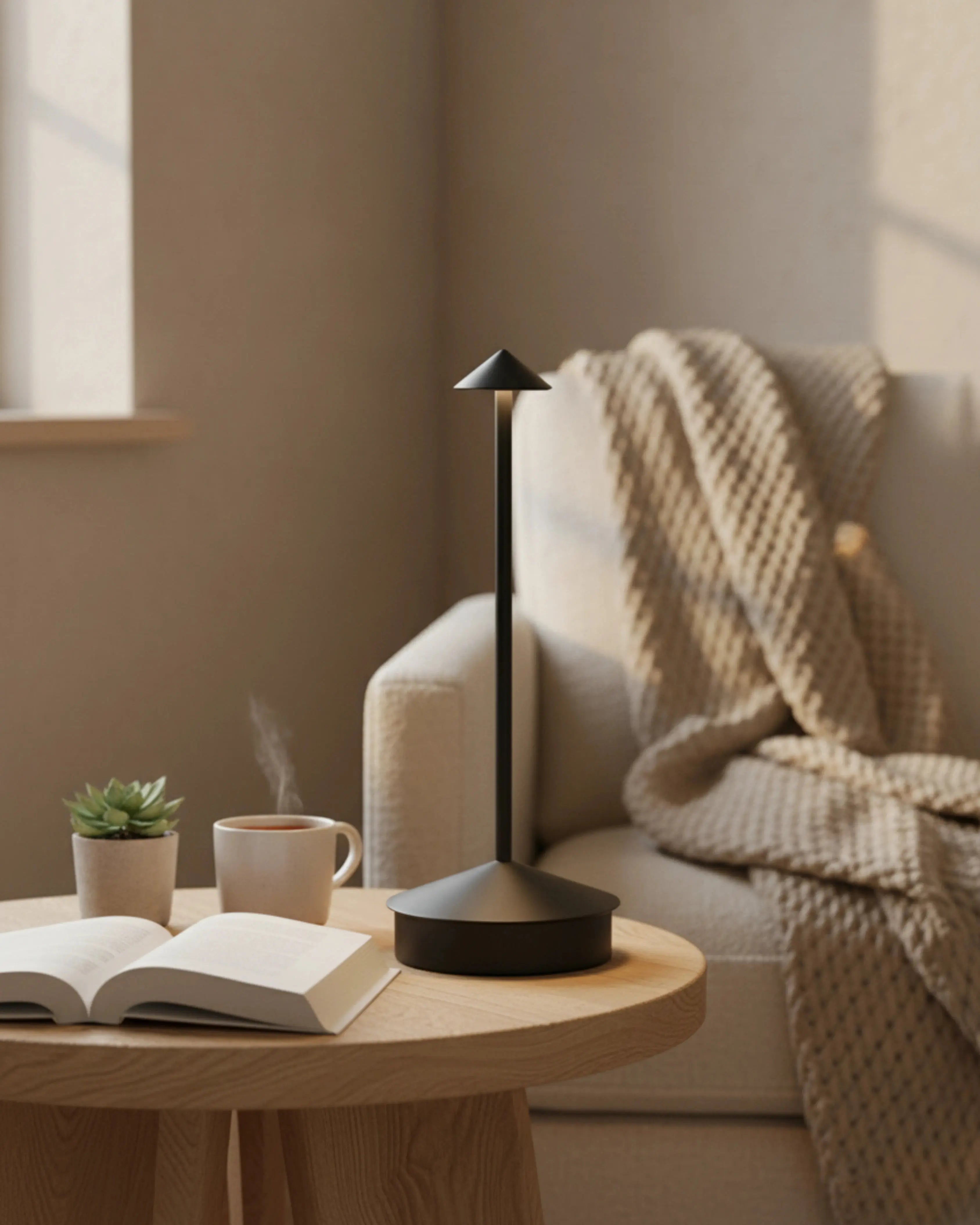 Lampe de chevet sans fil noire, rechargeable par USB – modèle Miro par Korven Studio.