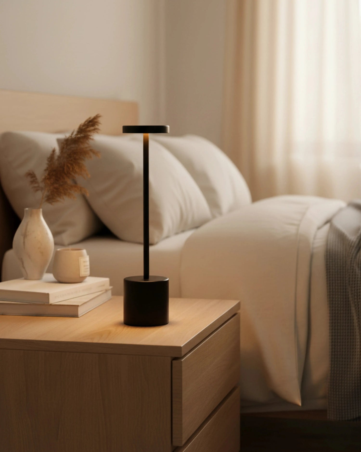Lampe de chevet sans fil noire, rechargeable par USB – modèle Nova par Korven Studio.