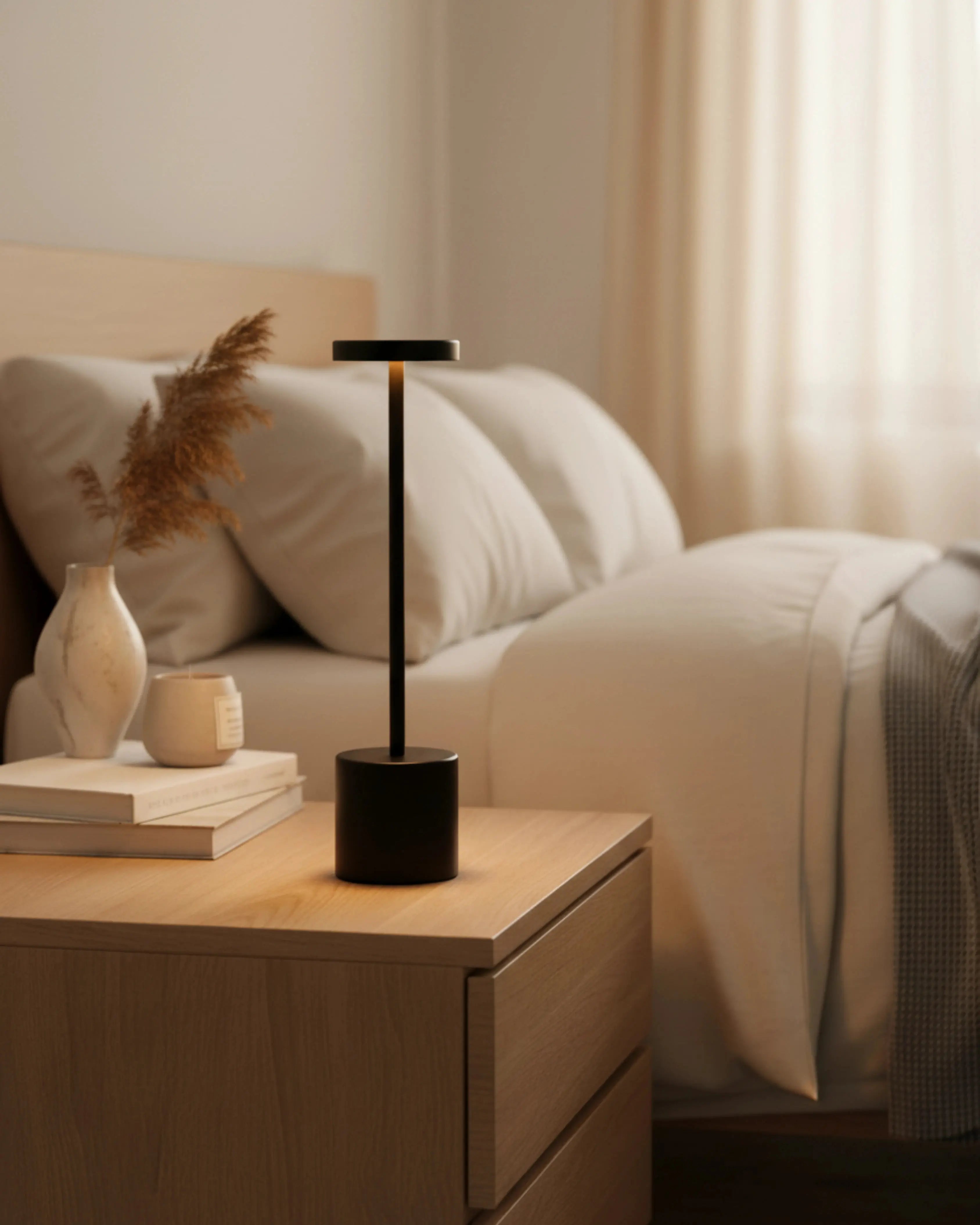 Lampe de chevet sans fil noire, rechargeable par USB – modèle Nova par Korven Studio.