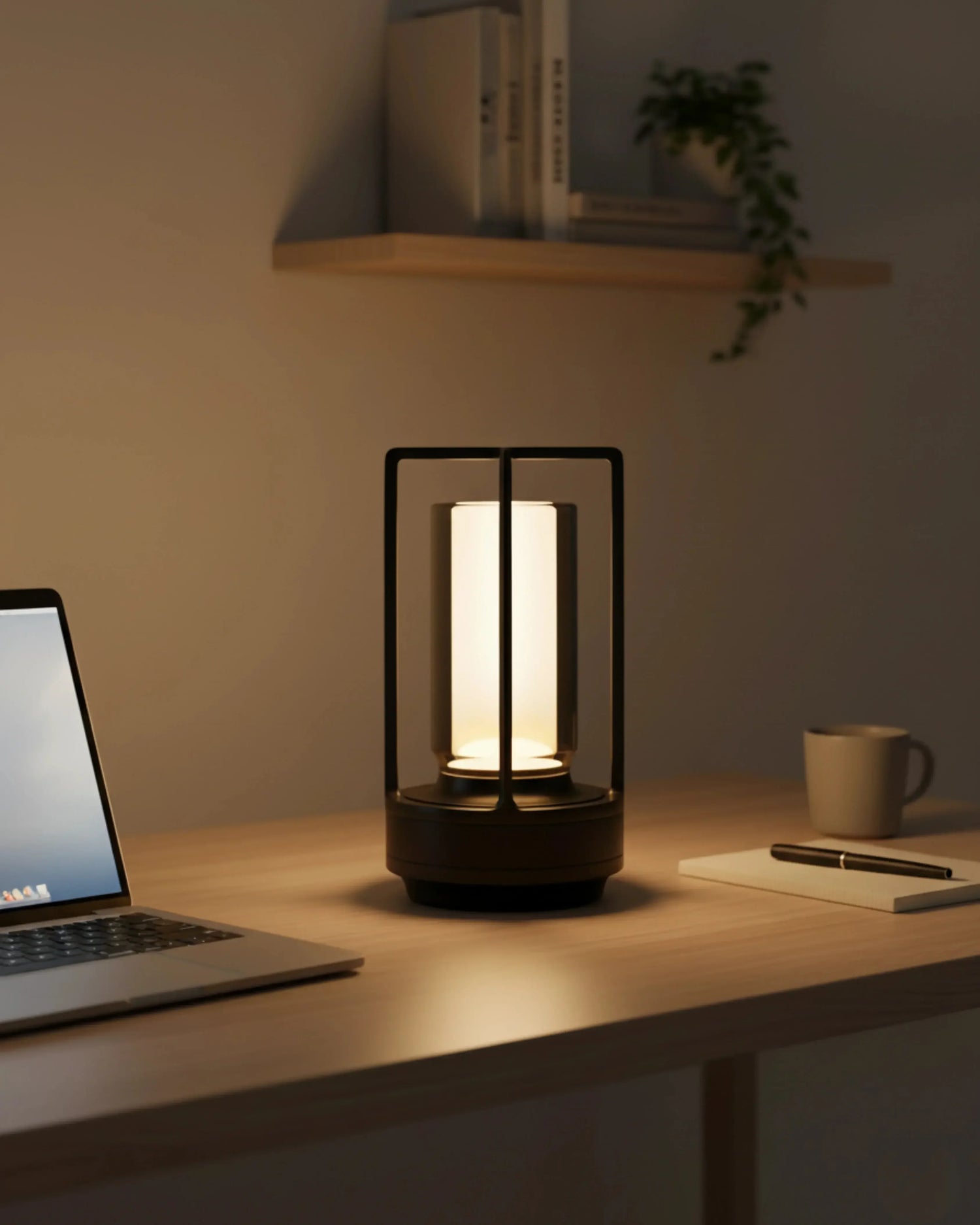 Lampe de chevet sans fil noire, rechargeable par USB – modèle Runa par Korven Studio.