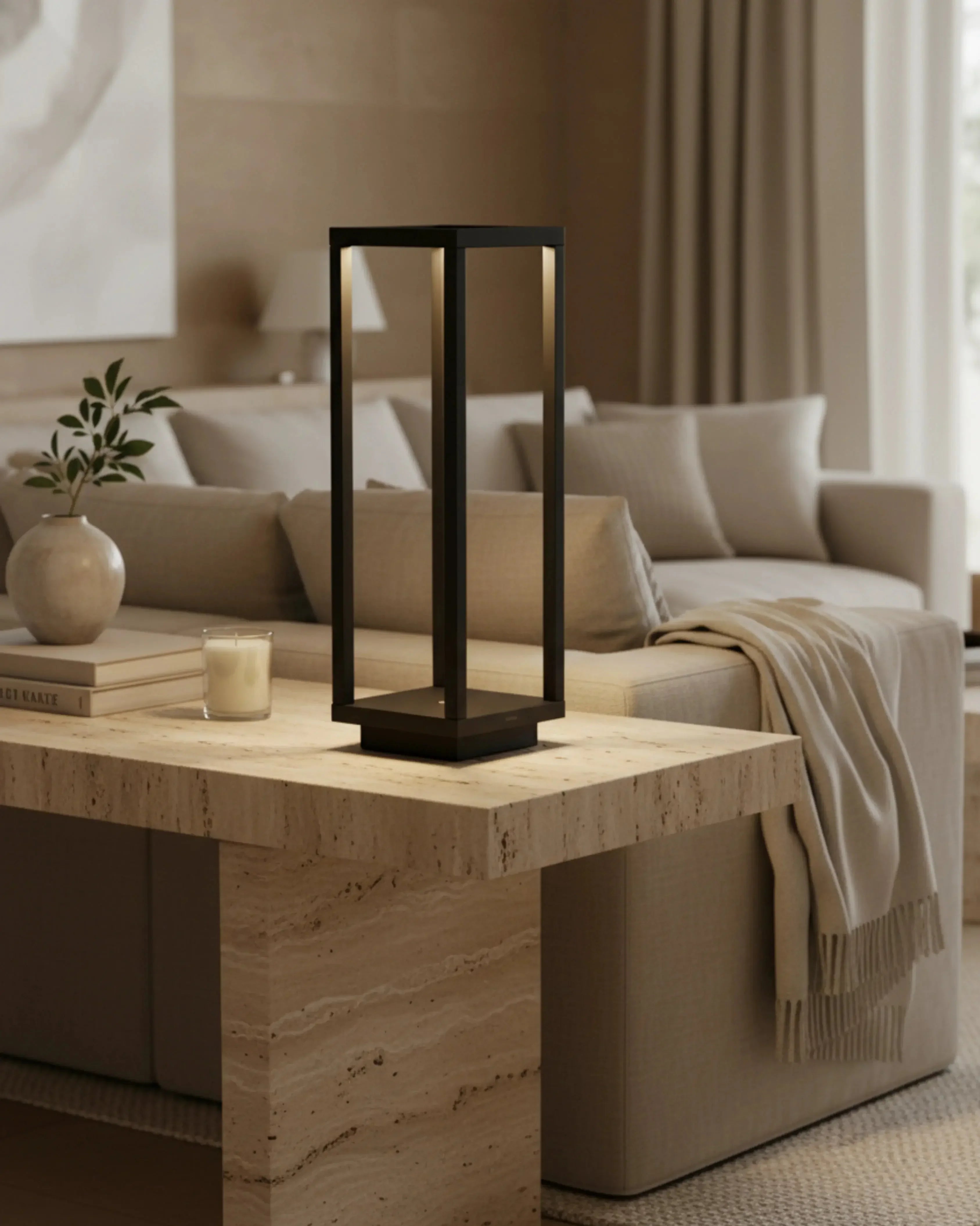 Lampe de chevet sans fil noire, tactile et rechargeable – modèle Sora par Korven Studio.