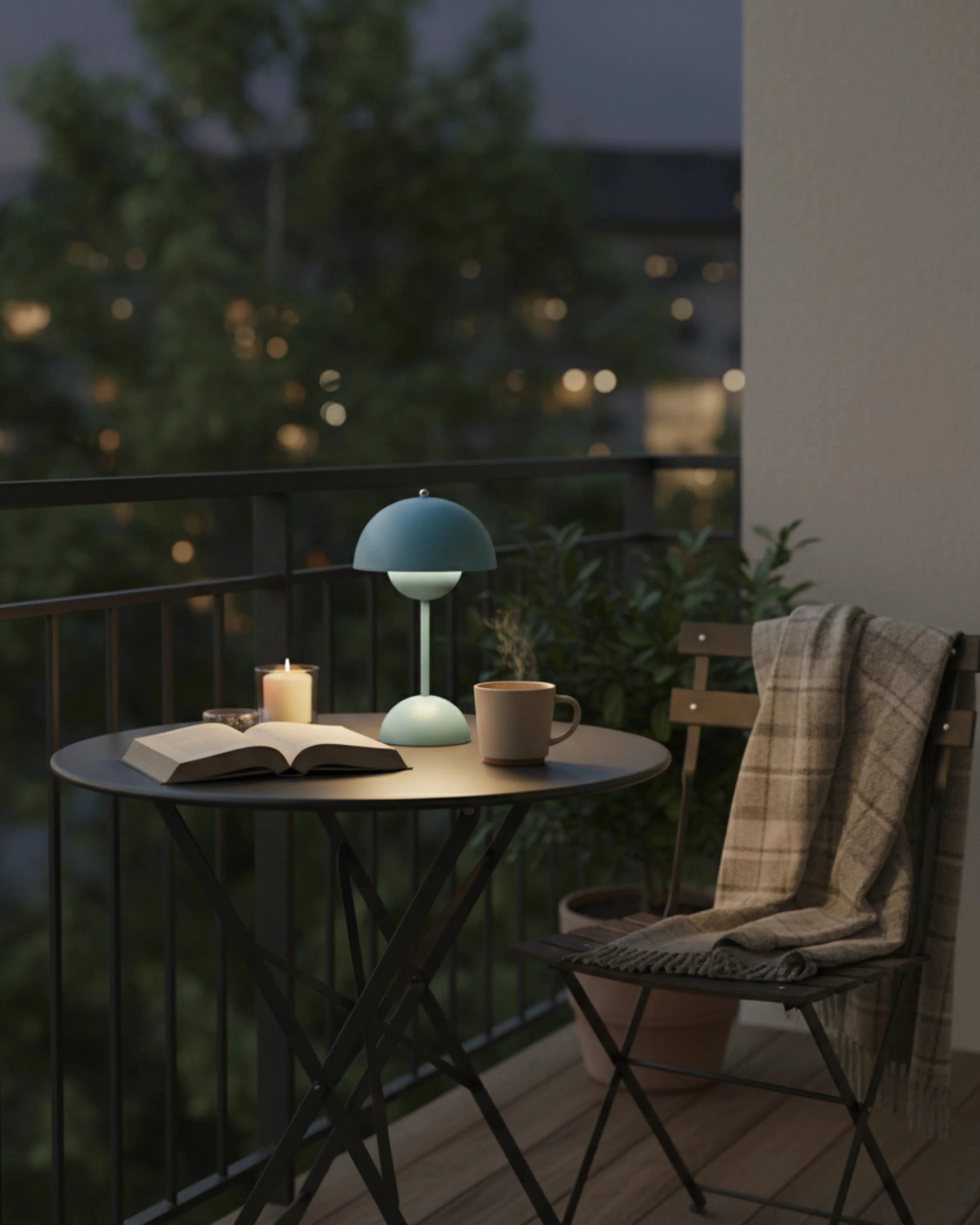 Lampe d’extérieur sans fil bleu, design premium et rechargeable – modèle Oden par Korven Studio.