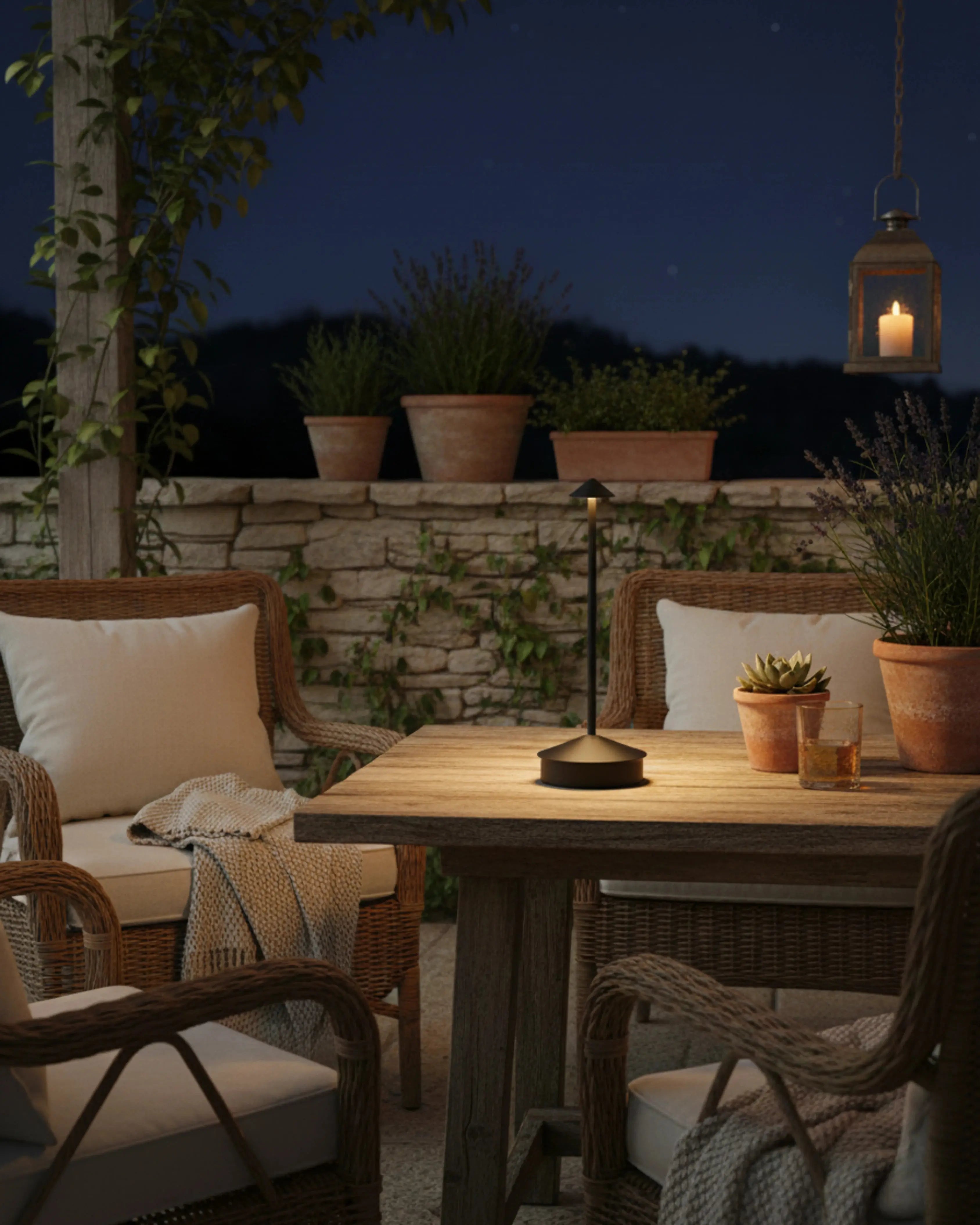 Lampe d’extérieur sans fil noire, design premium et rechargeable – modèle Miro par Korven Studio.