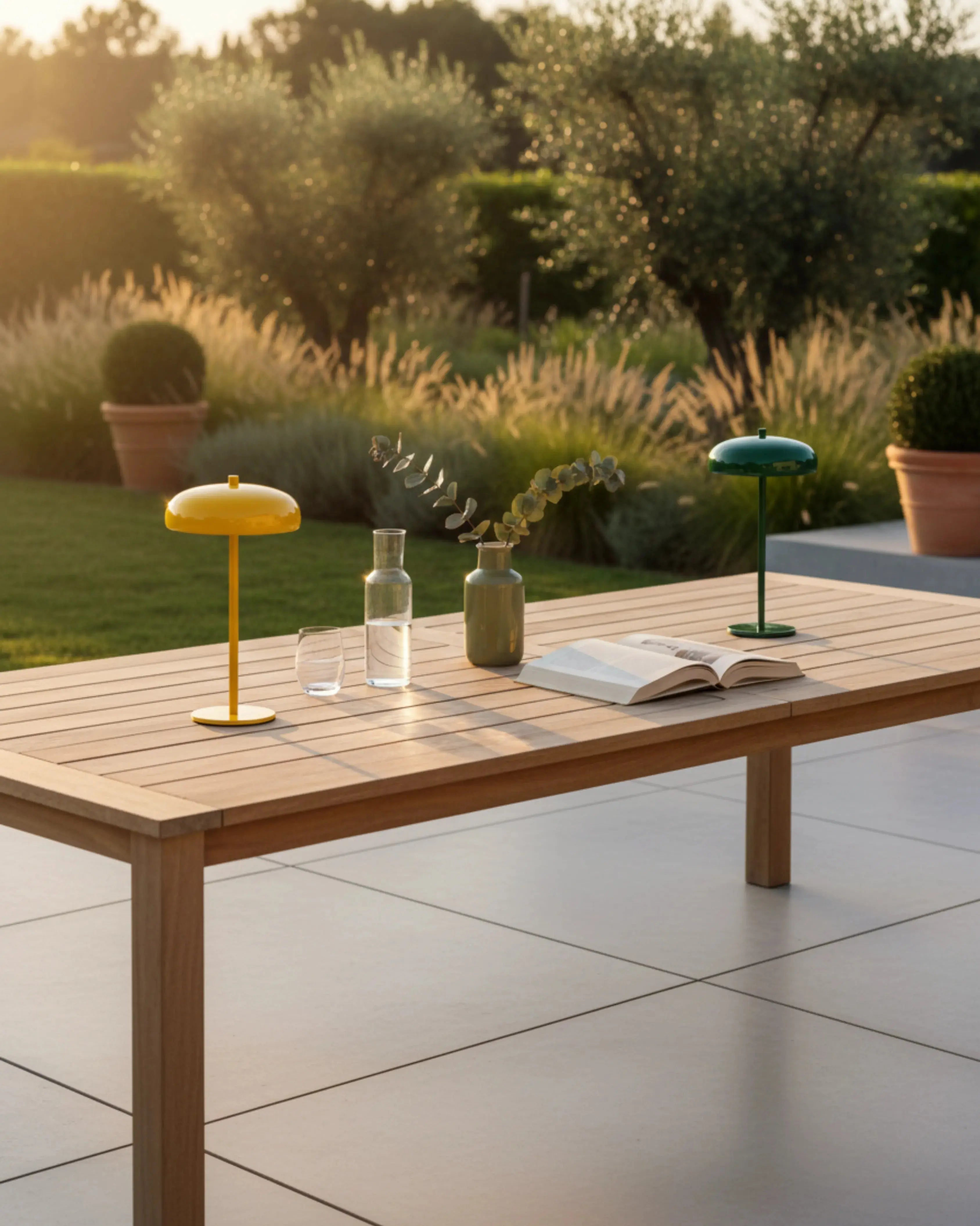 Lampe d'exterieur sans fil jaune, vert tactile et rechargeable – modèle nari par Korven Studio.