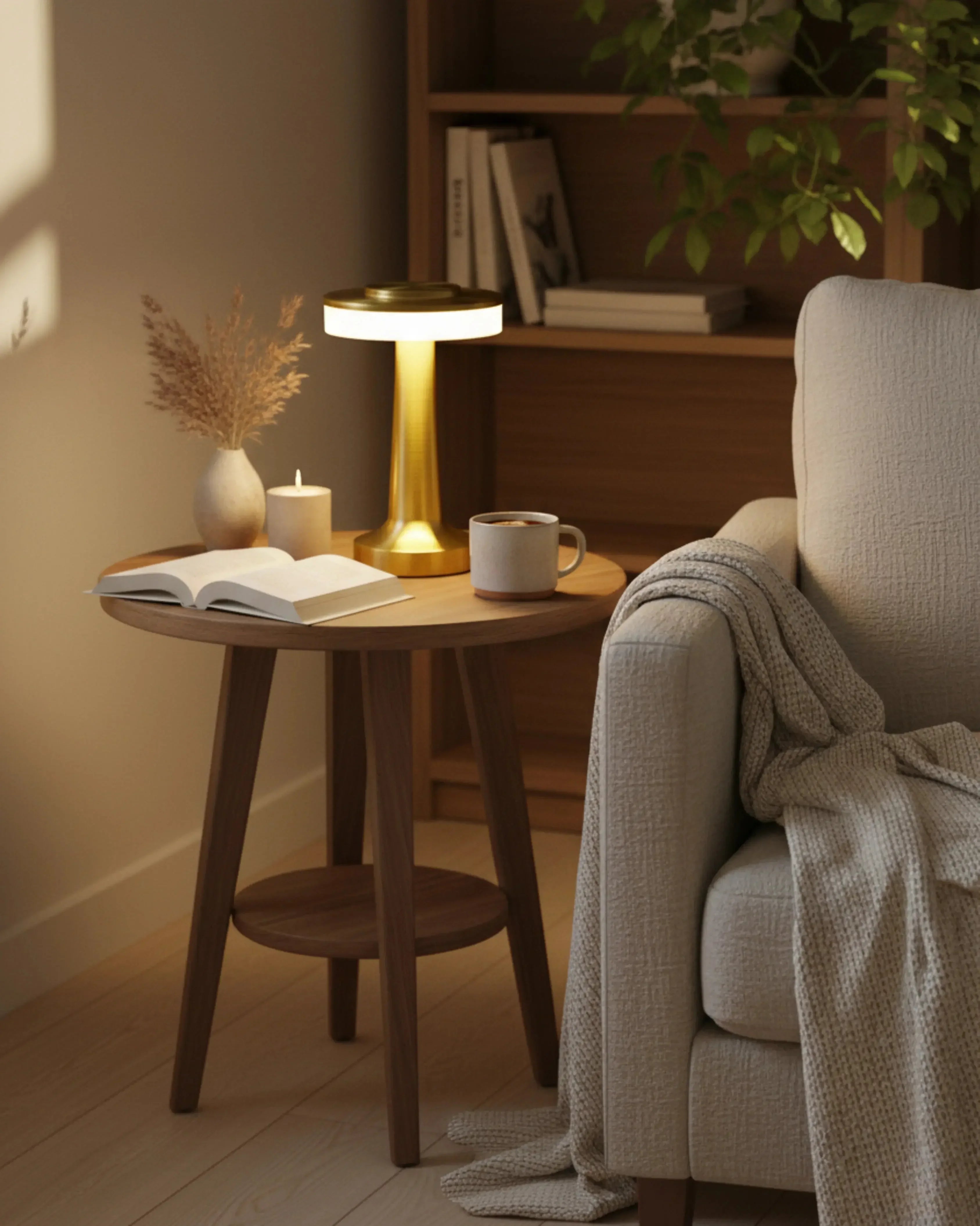 Lampe de lecture sans fil dorée, tactile et rechargeable – modèle Karo par Korven Studio.