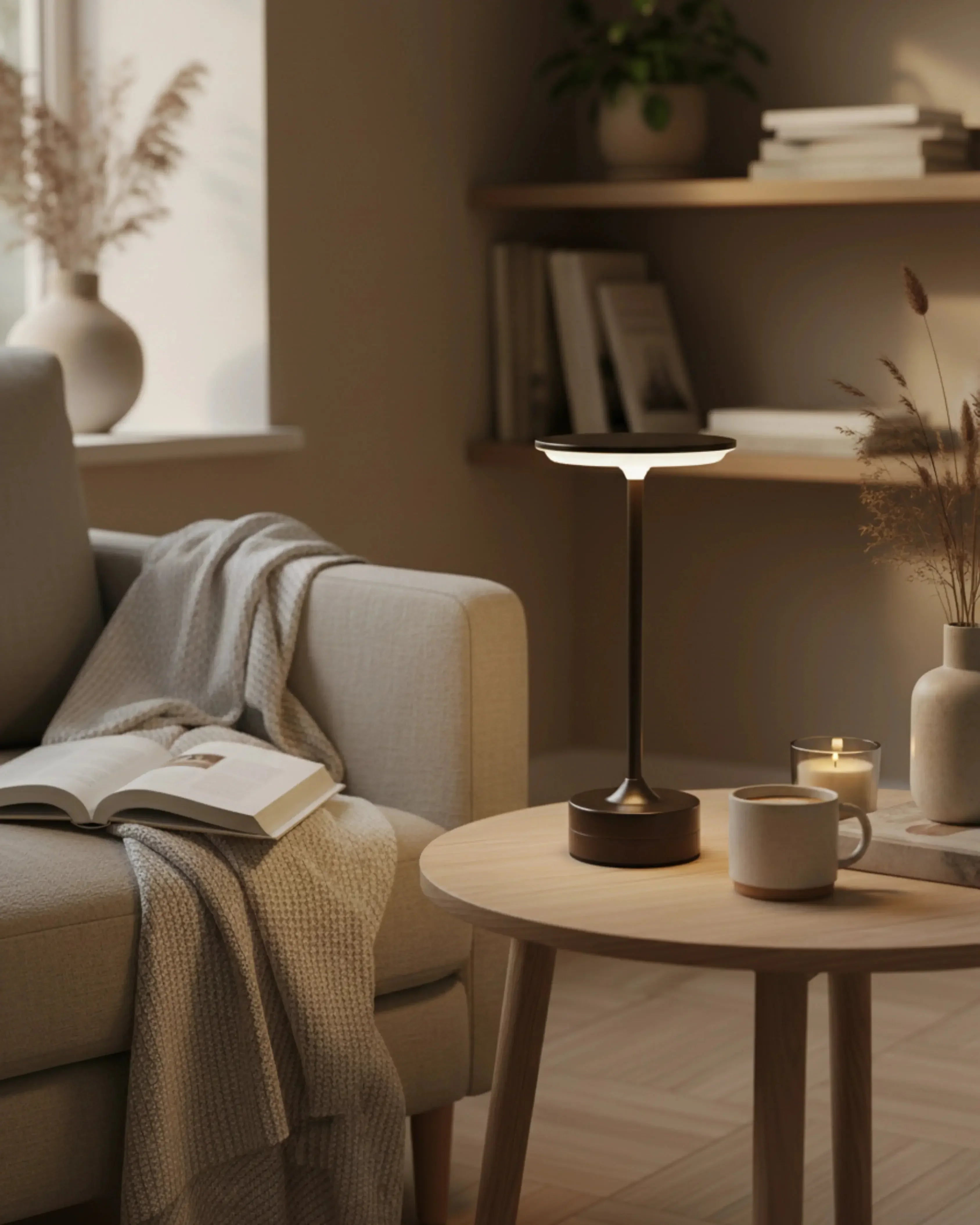 Lampe de lecture sans fil noire, tactile et rechargeable – modèle Lora par Korven Studio.