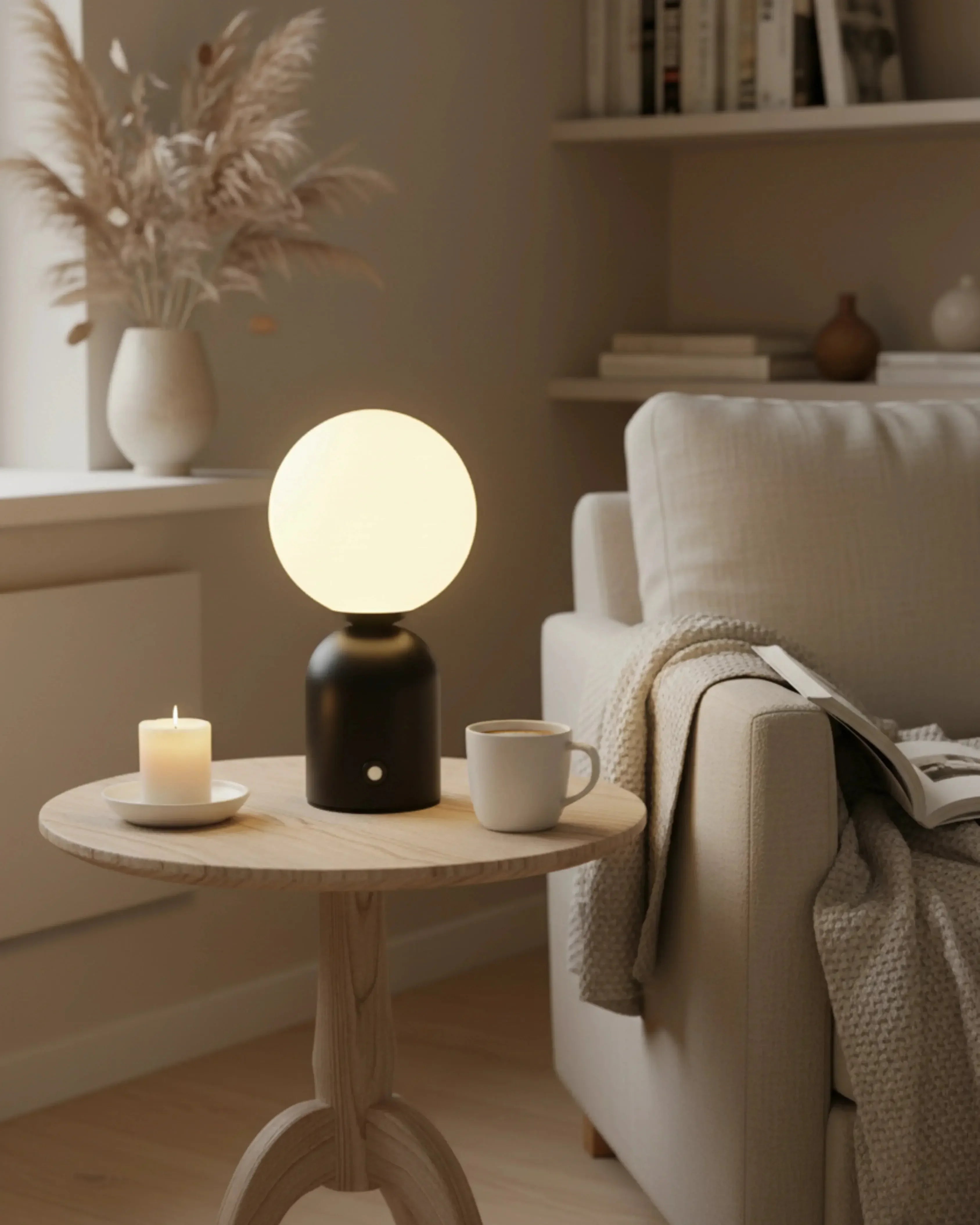 Lampe de lecture sans fil noire, tactile et rechargeable – modèle Lumi par Korven Studio.