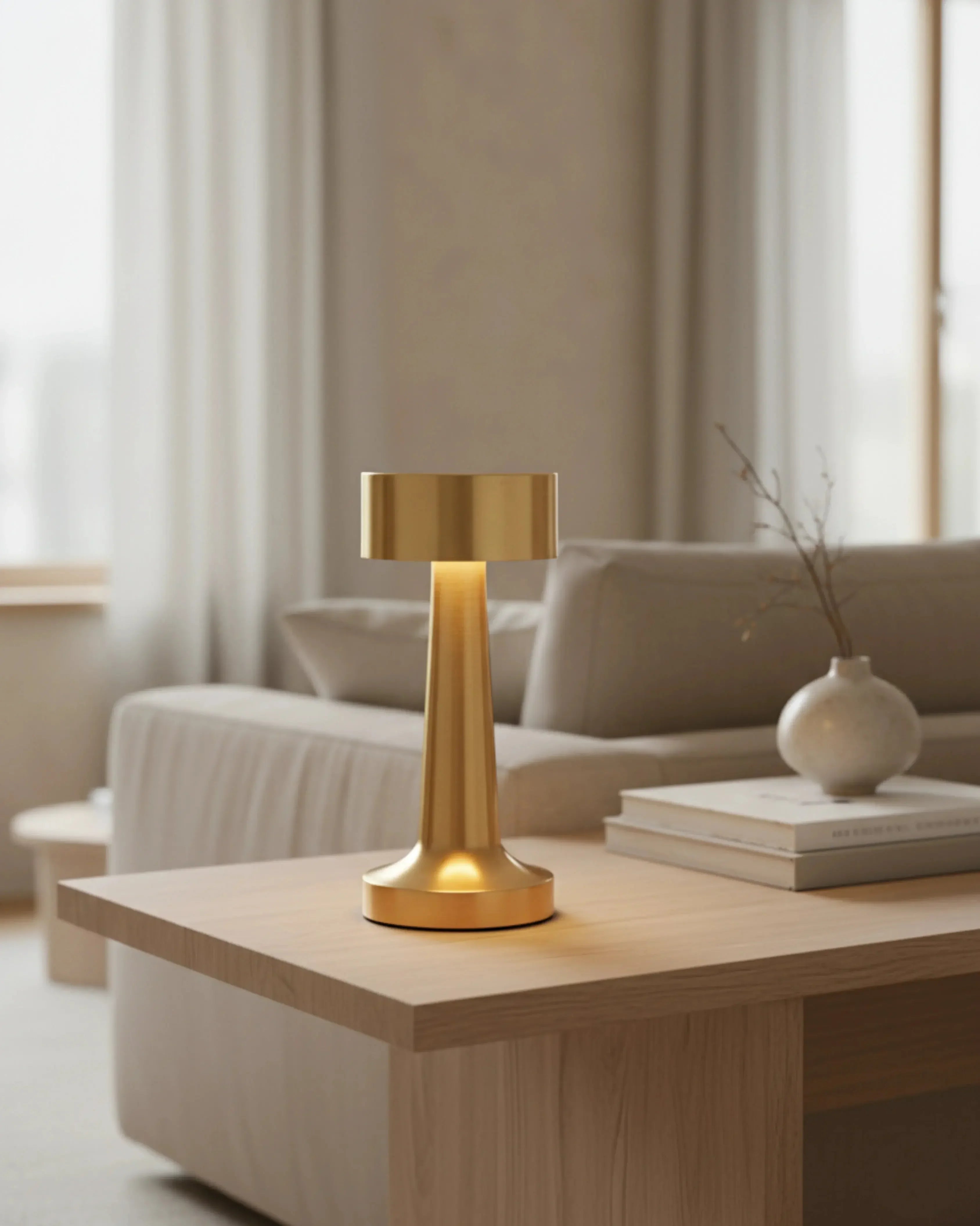 Lampe de salon sans fil dorée, tactile et rechargeable – modèle Elda par Korven Studio.