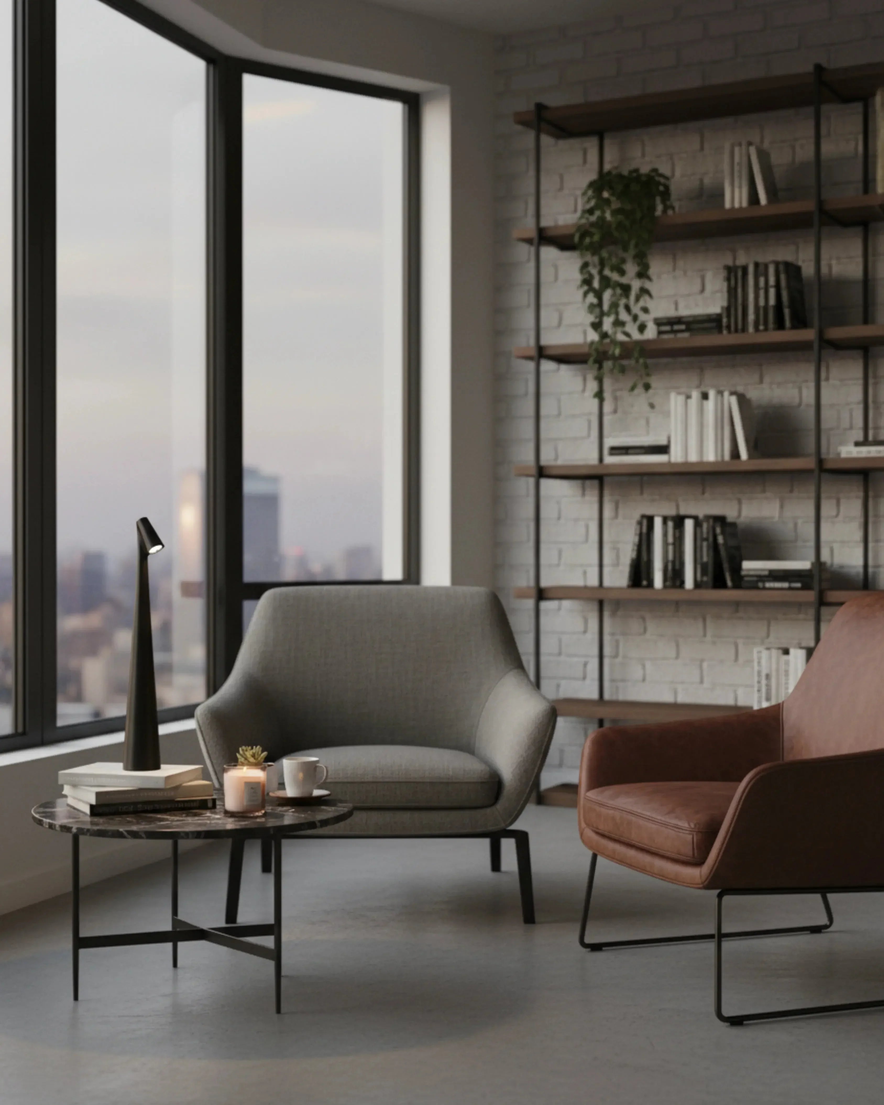 Lampe de salon sans fil noire, rechargeable par USB – modèle Nora par Korven Studio.