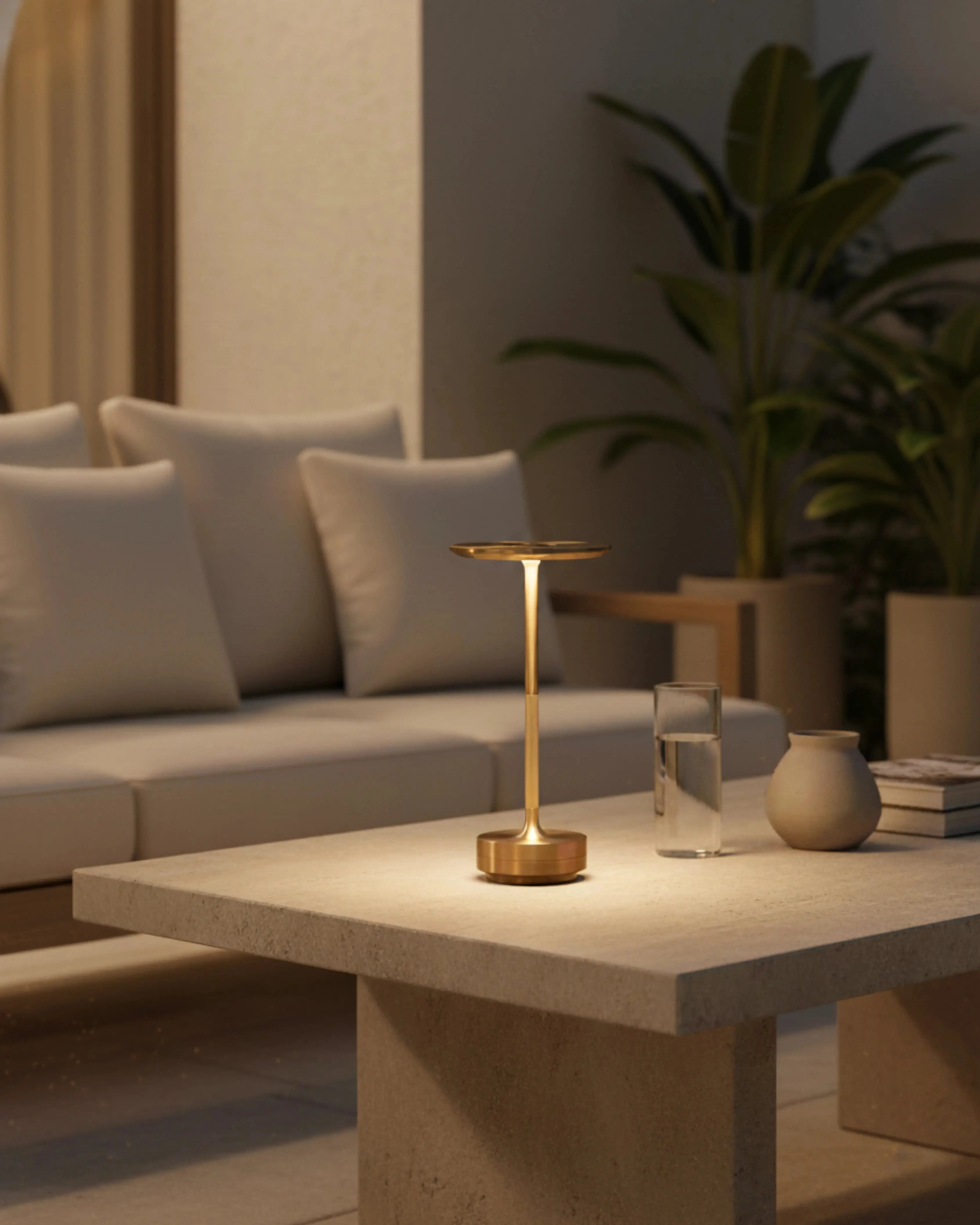 Lampe de table sans fil dorée, tactile et rechargeable – modèle Liri par Korven Studio.