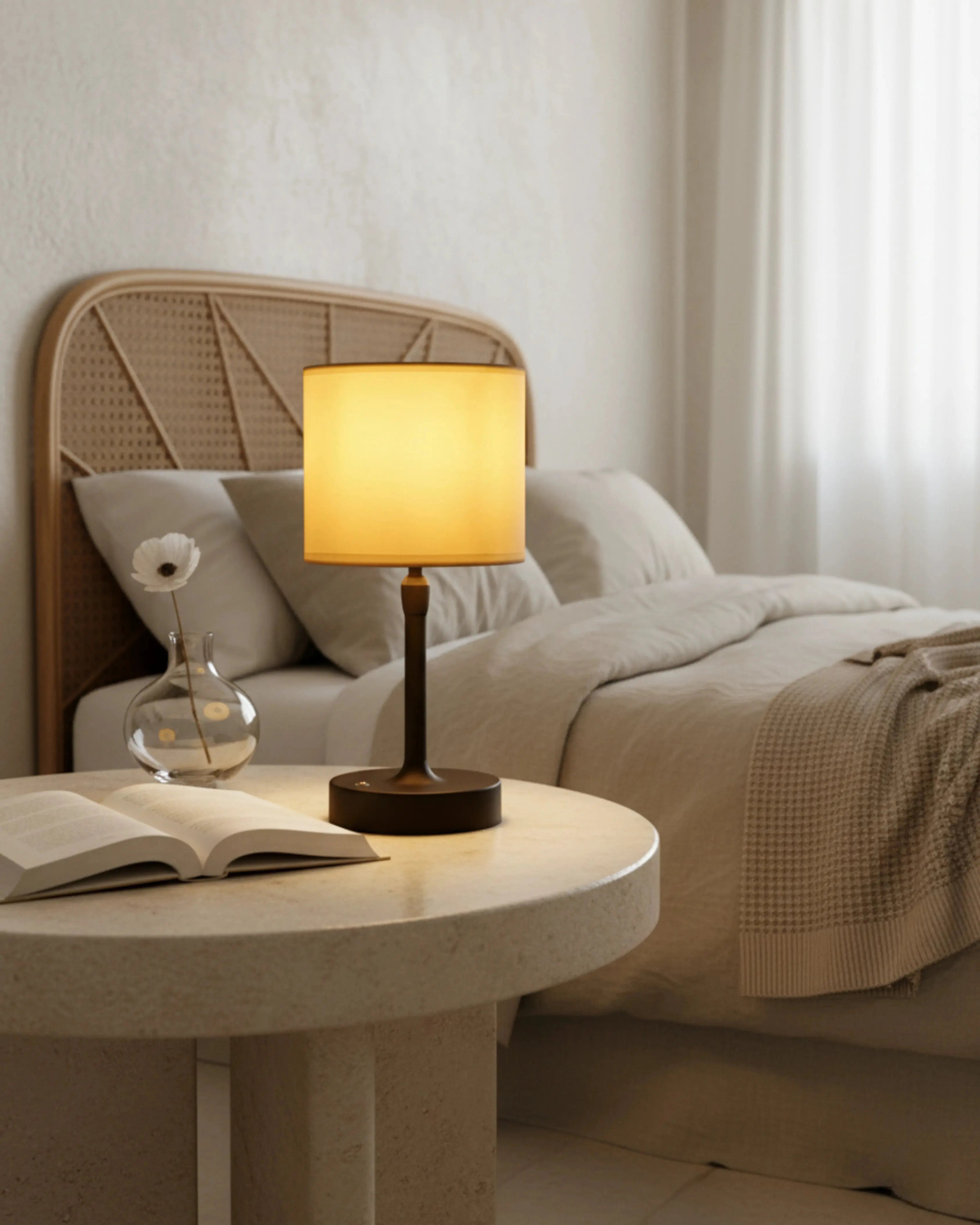 Lampe de chevet sans fil noire, design premium et rechargeable – modèle sama par Korven Studio.
