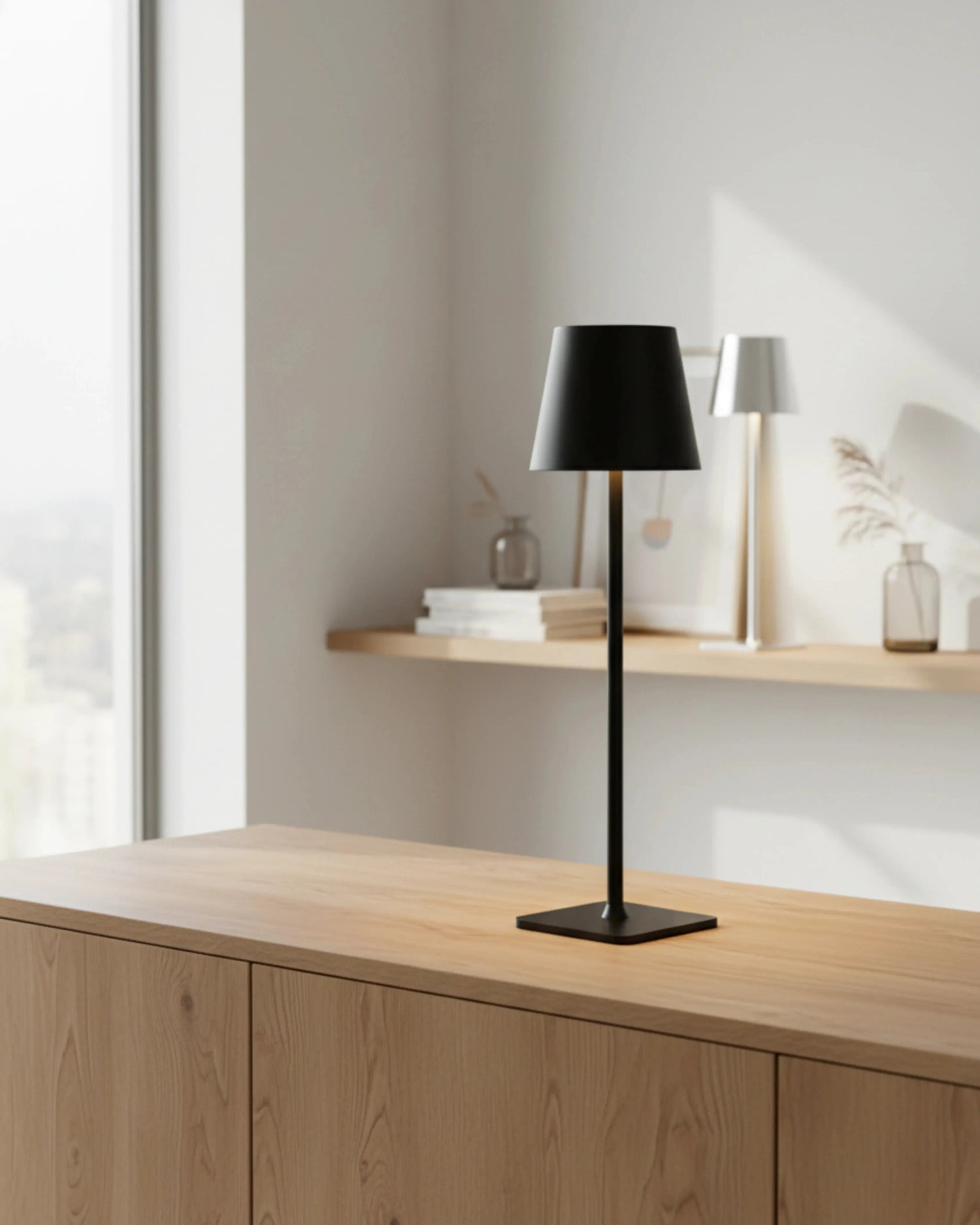 Lampe de table sans fil noire, LED rechargeable – modèle Frey par Korven Studio.