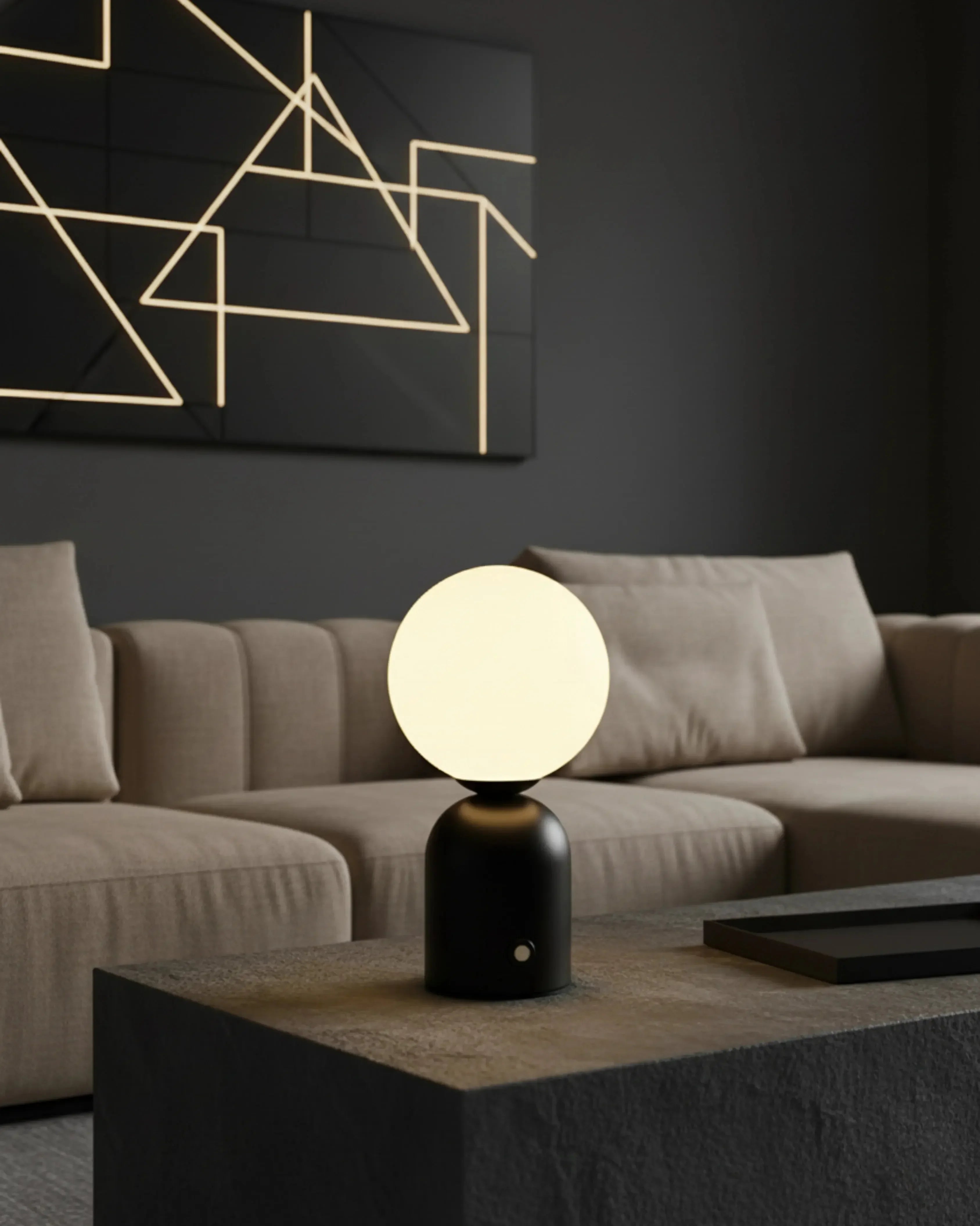 Lampe de table sans fil noire, tactile et rechargeable – modèle Lumi par Korven Studio.