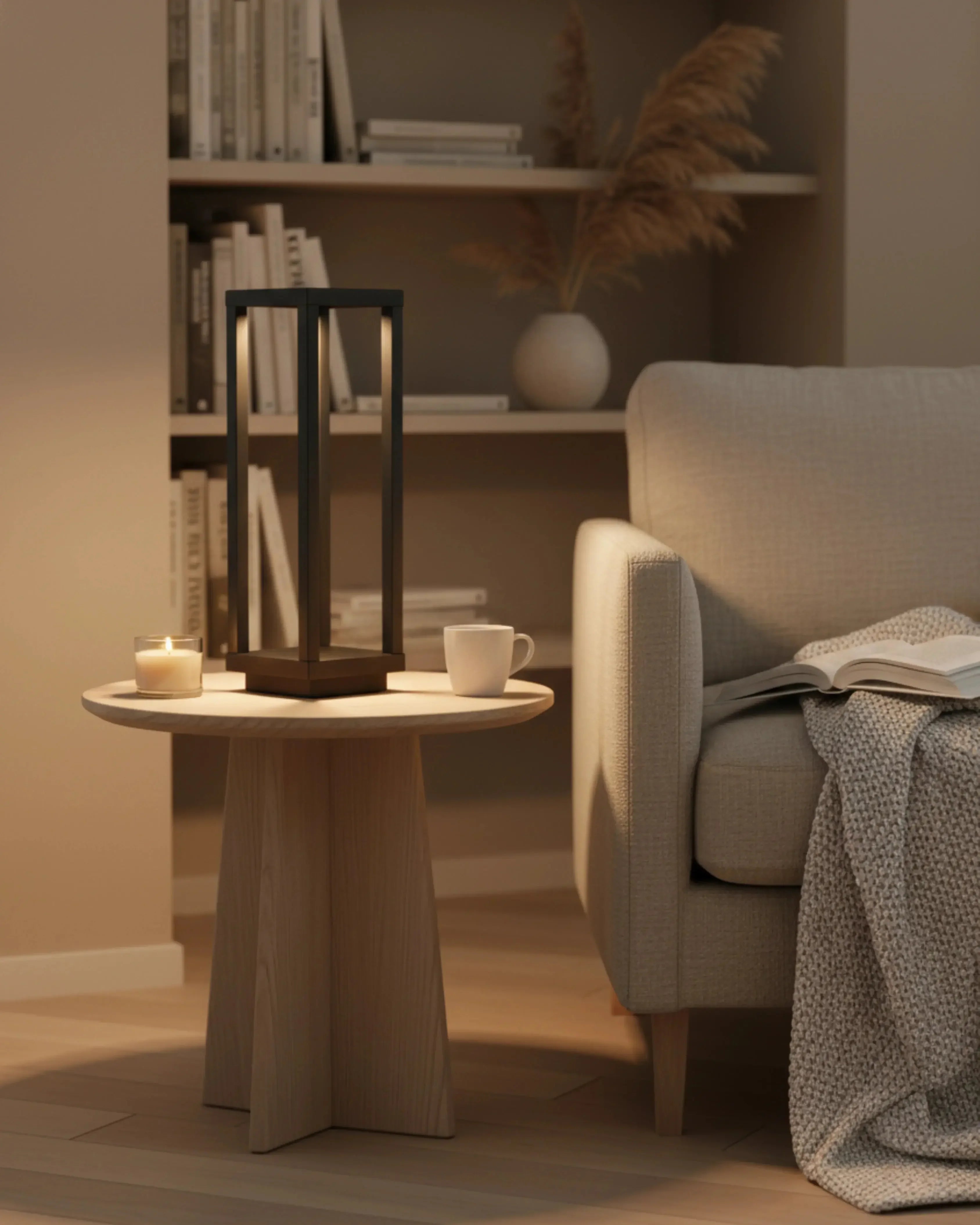 Lampe de table sans fil noire, tactile et rechargeable – modèle Sora par Korven Studio.