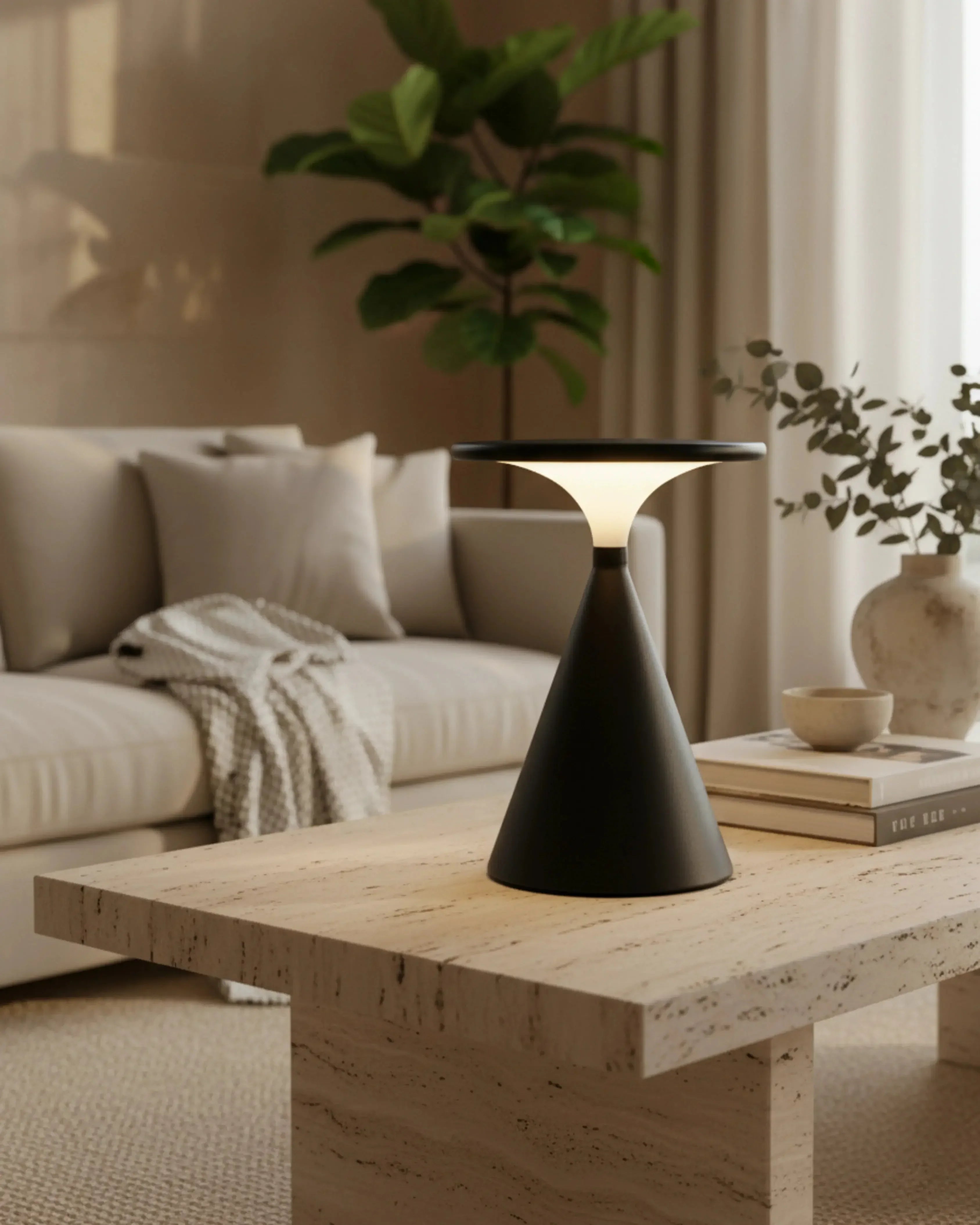 Lampe de table sans fil noire, tactile et rechargeable – modèle Vega par Korven Studio.