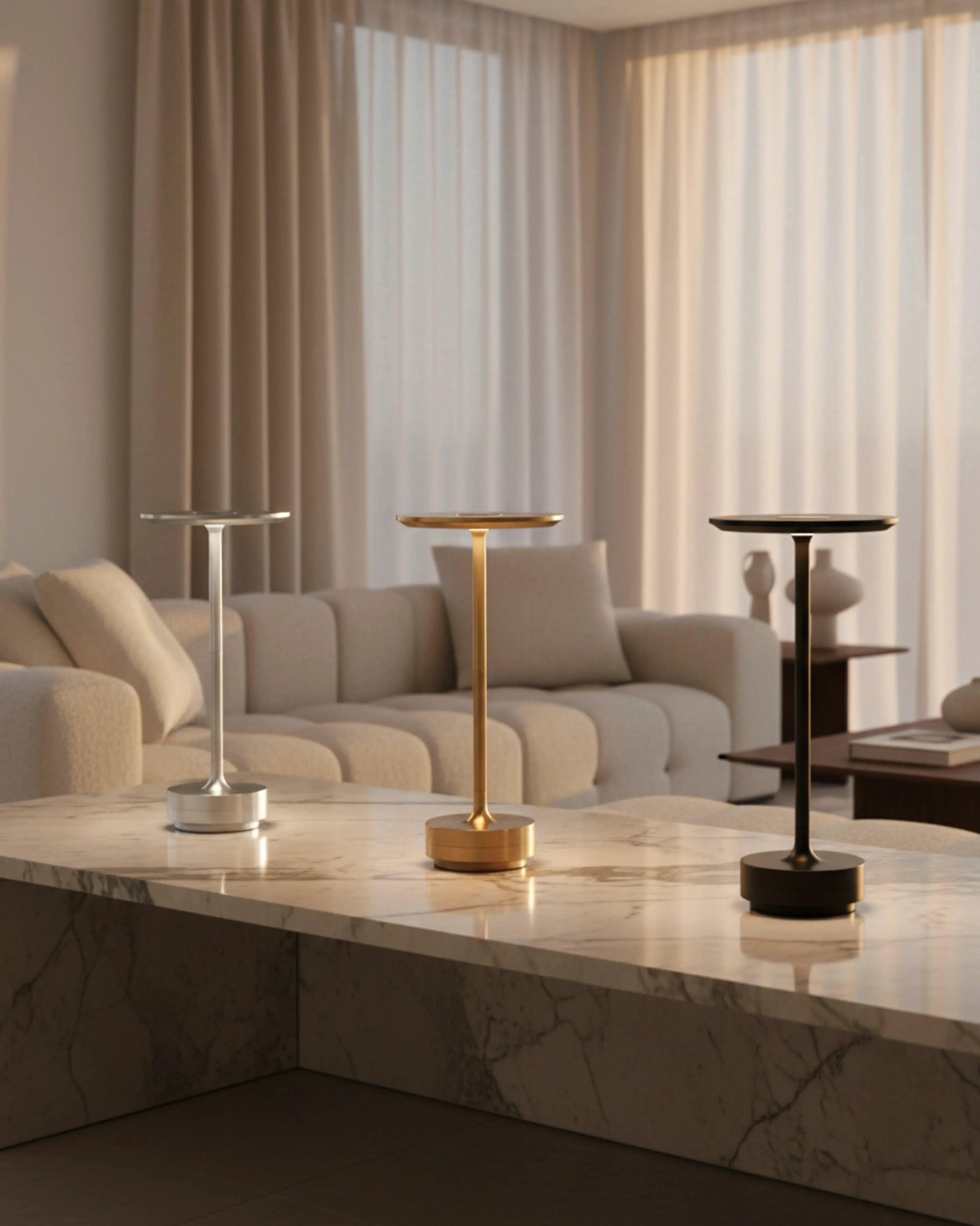 Lampe de table sans fil, tactile et rechargeable – modèle Liri par Korven Studio.
