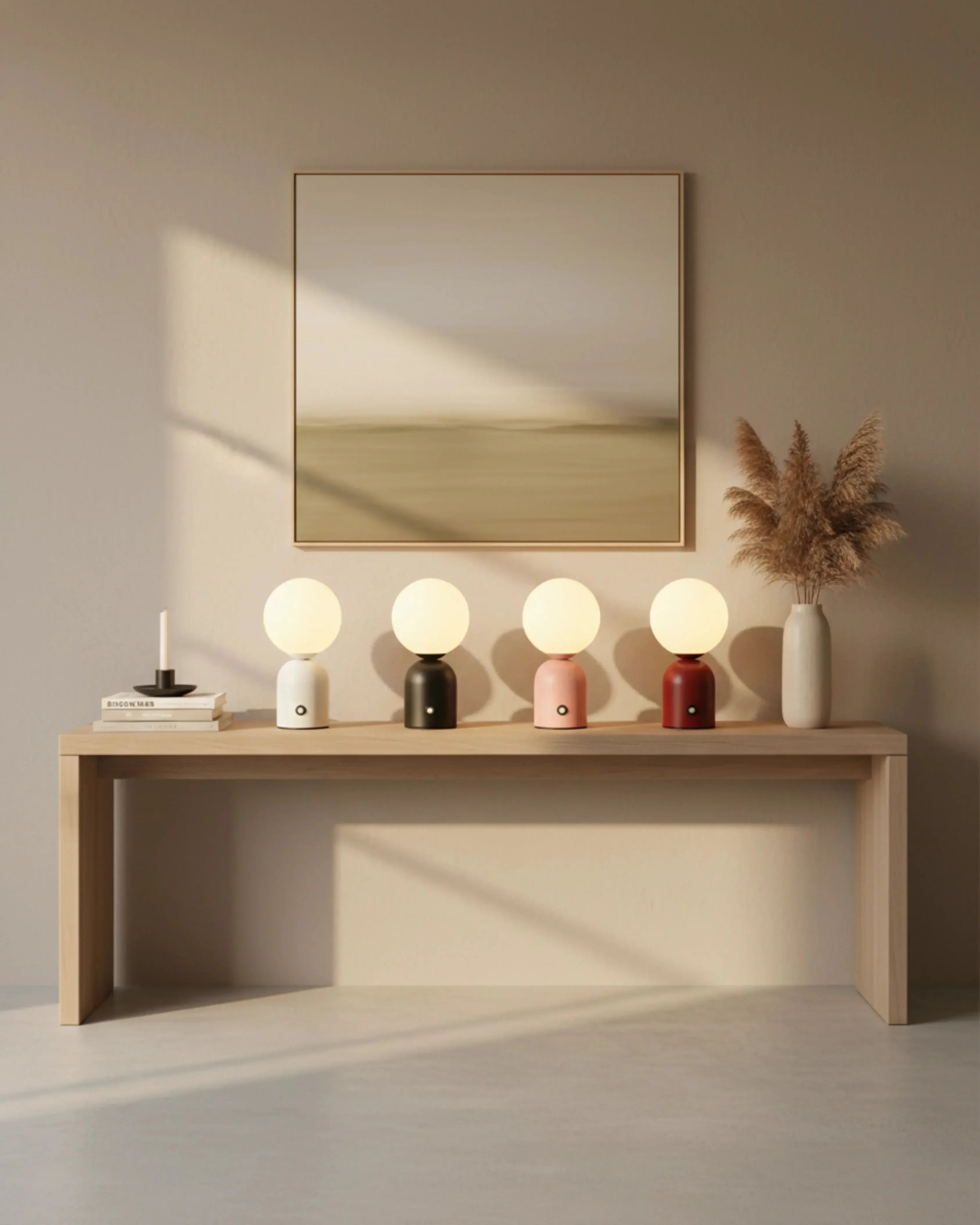 Ensemble de lampes sans fil noir blanc rose rouge – modèle Lumi par Korven Studio.