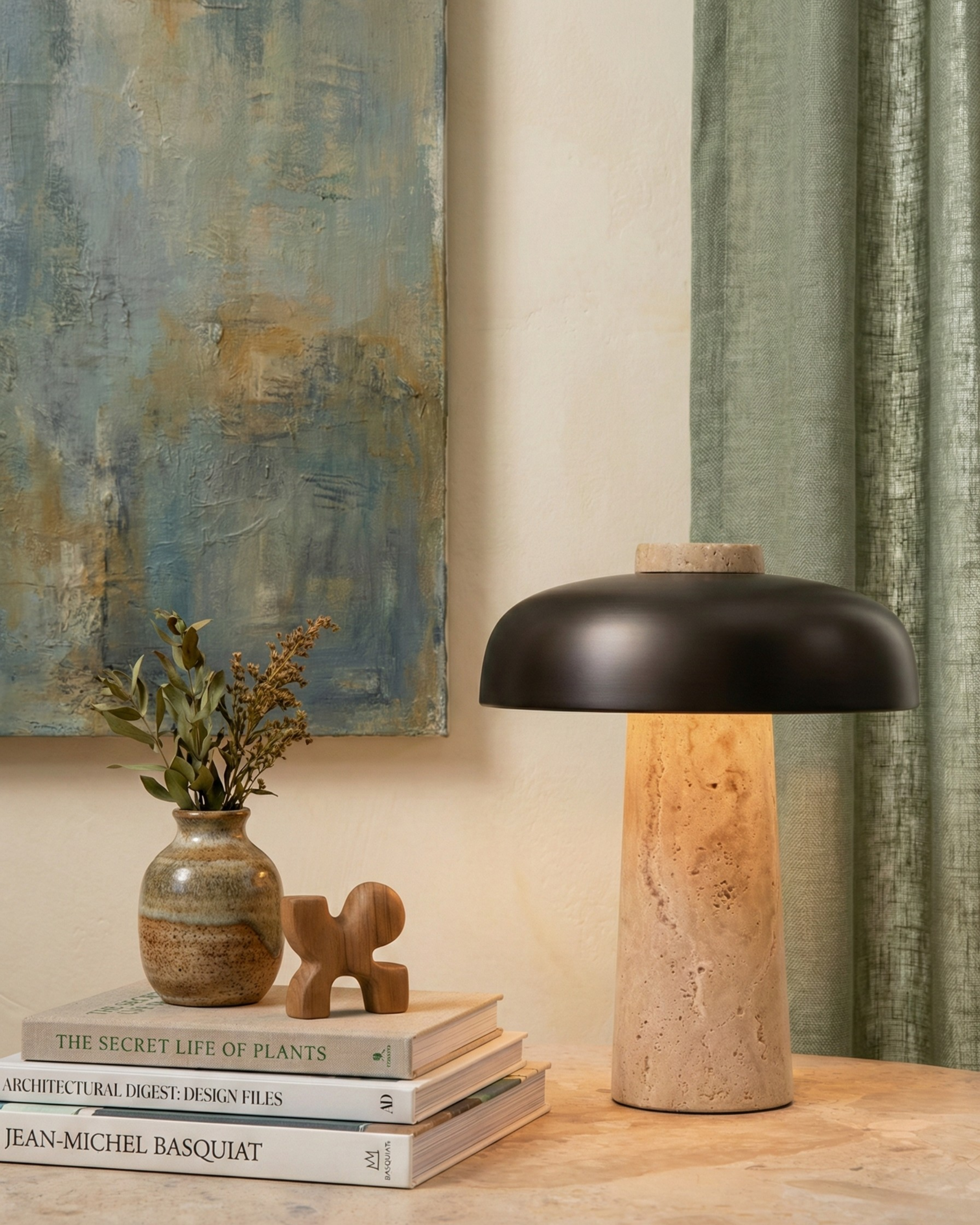 lampe de table travertin et laiton bronze modele sagar par korven studio