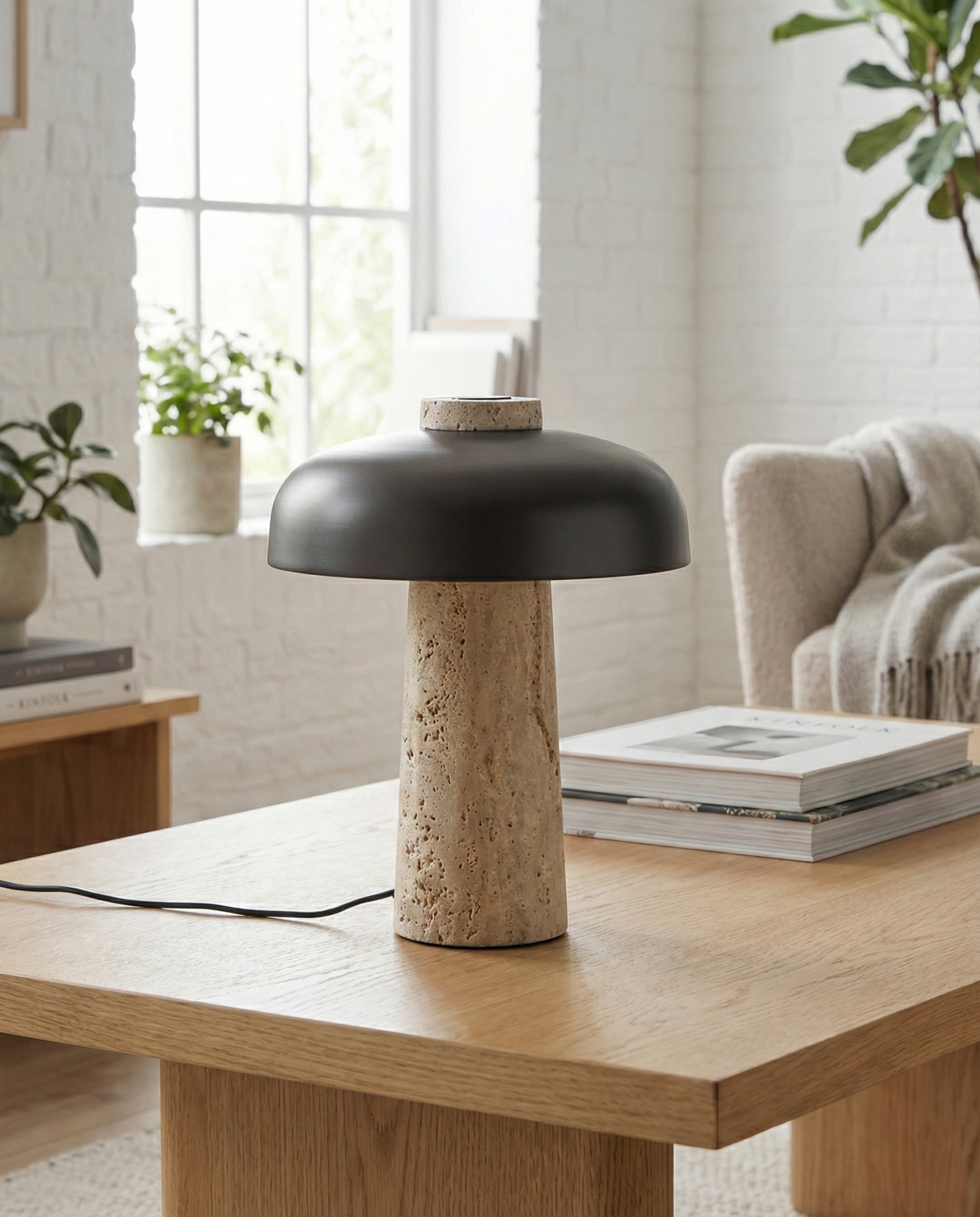 lampe de table travertin et laiton bronze modele sagar par korven studio