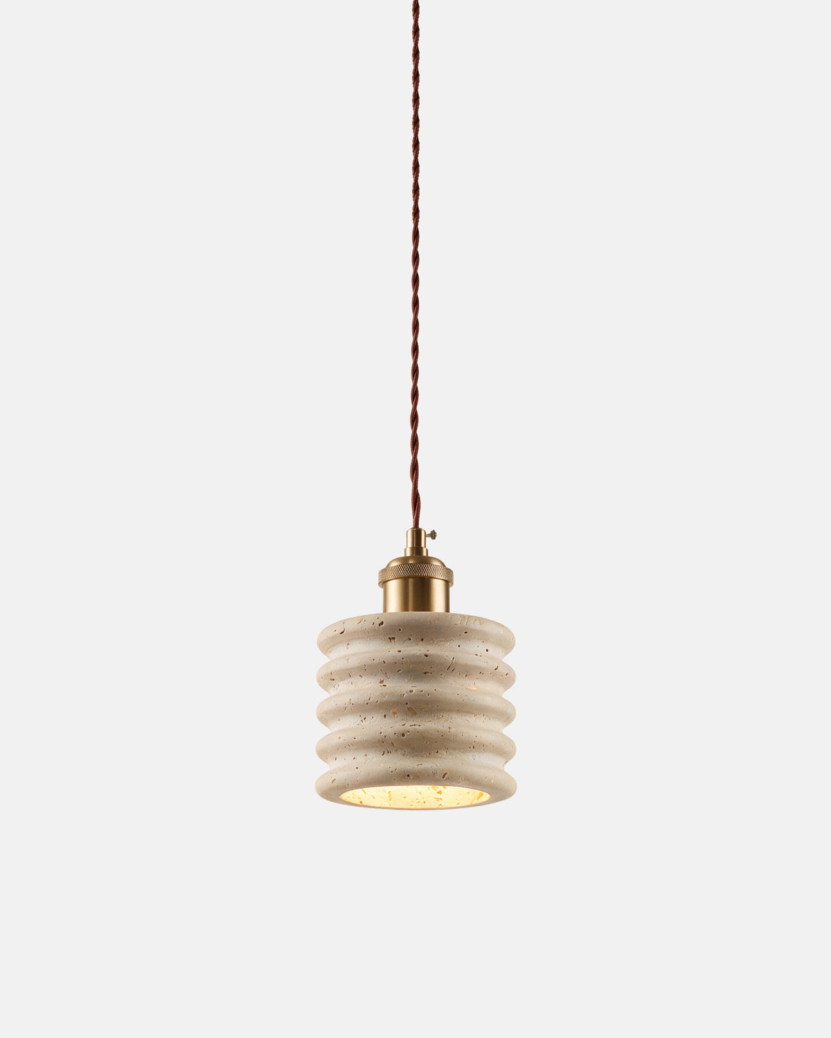 Suspension VINA Modèle F – cylindre nervuré en travertin Ø 12 cm sur fond neutre