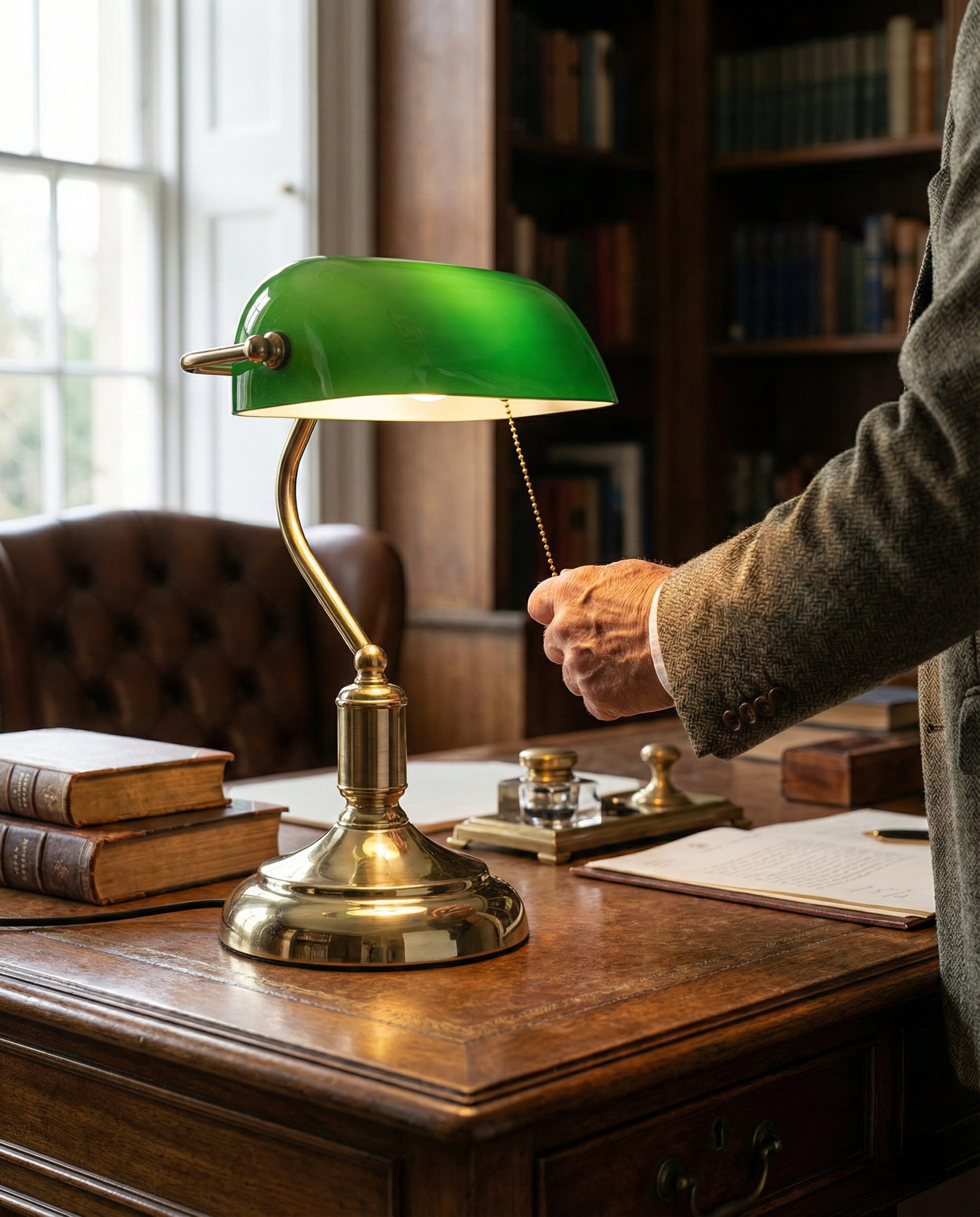 Détail interrupteur chaînette lampe de banquier vintage verte laiton sur bureau classique bois massif.