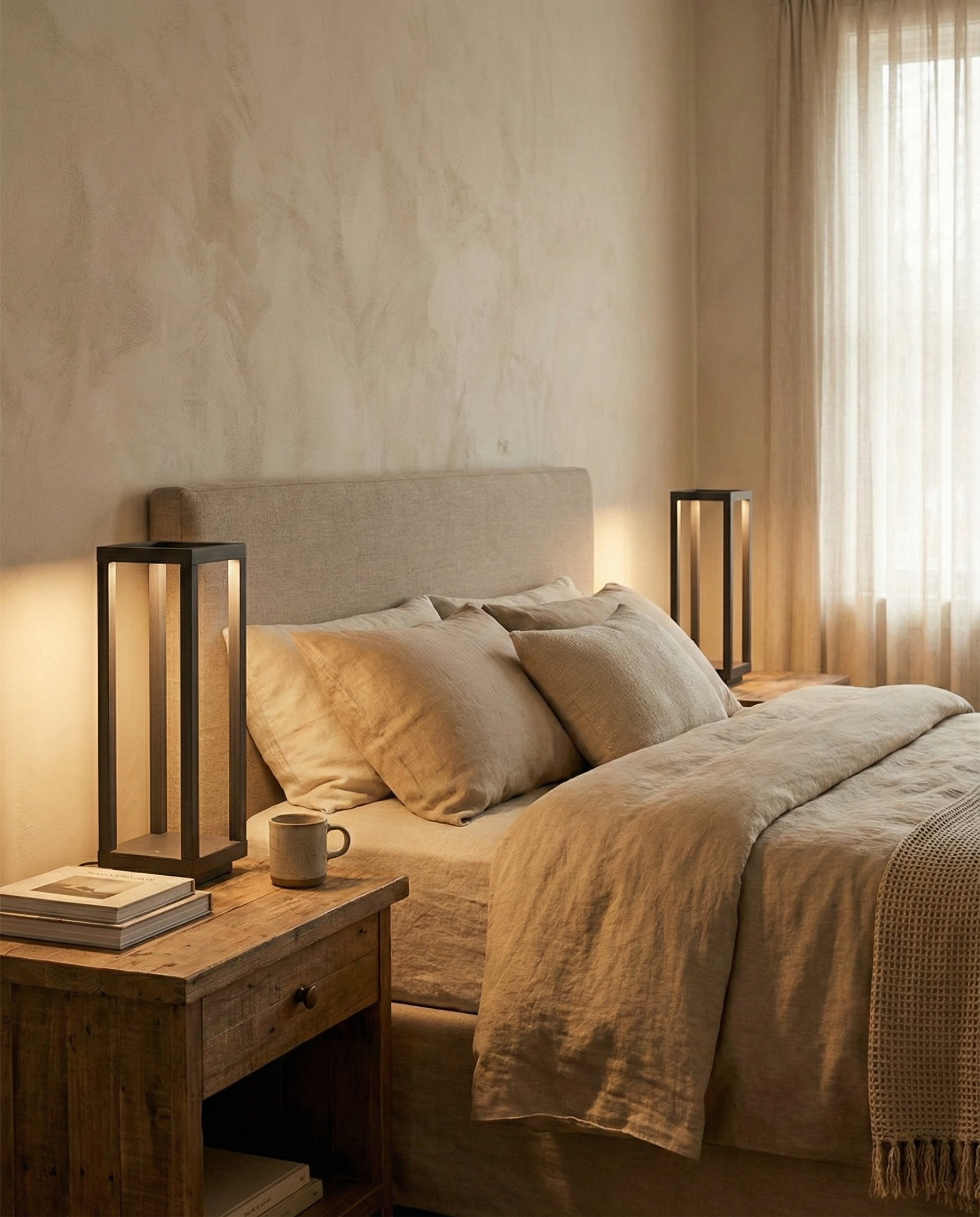 Duo lampes de chevet lanterne Sora métal noir sur tables de nuit bois massif décoration chambre wabi sabi zen.