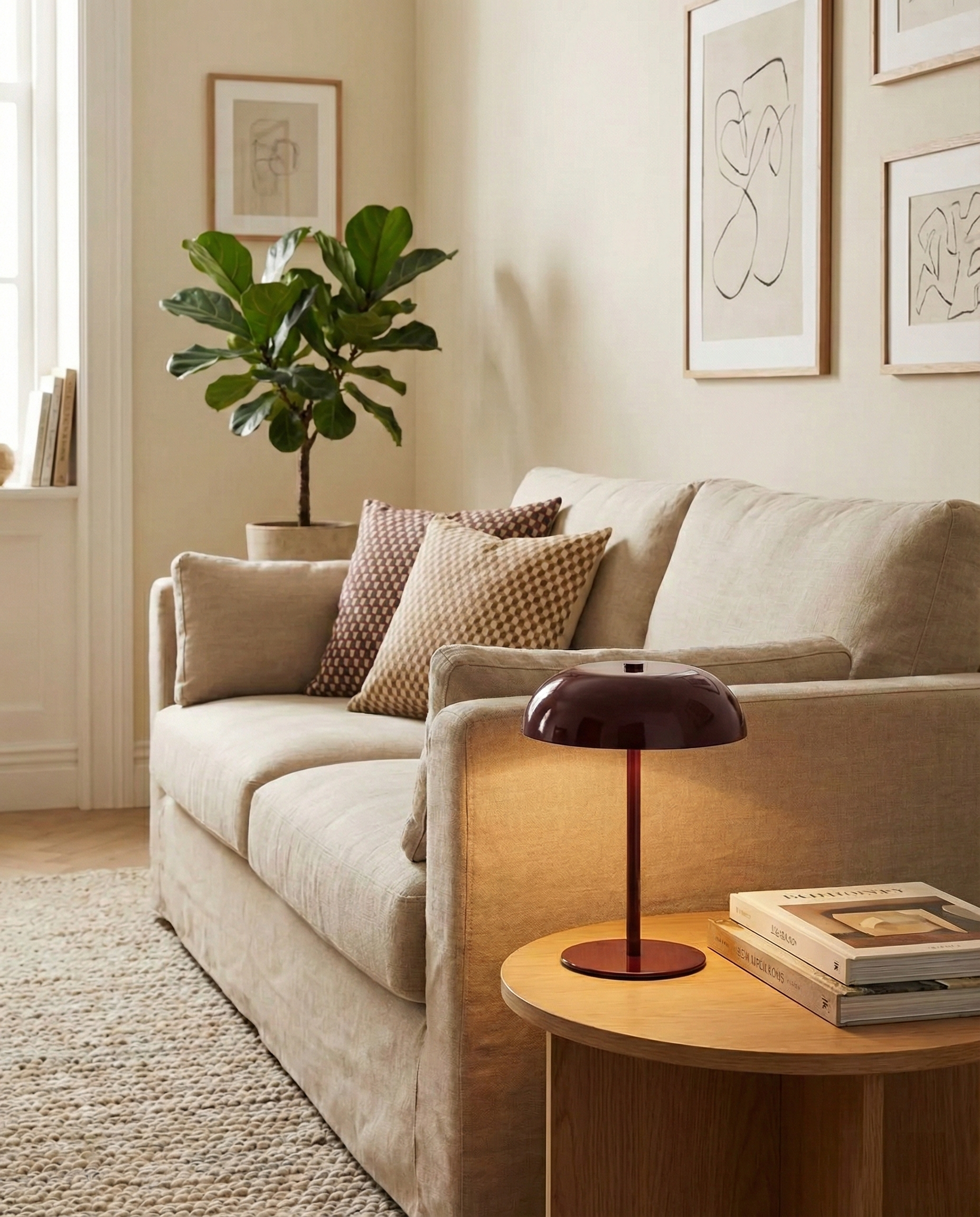 Lampe de table sans fil Malmo rouge bordeaux design champignon LED rechargeable par korven studio